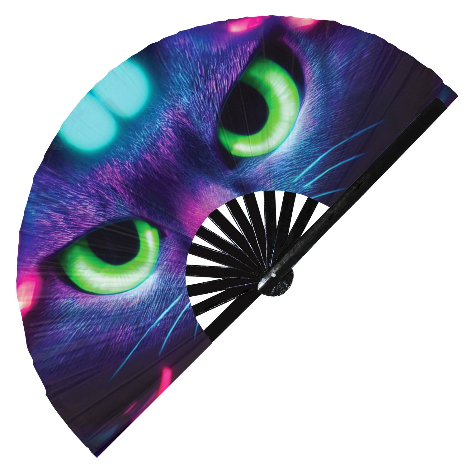 Neon Trippy Cat Psychedelic Rainbow Kitty - Clack Folding Rave & Festival Hand Fan - Image 7