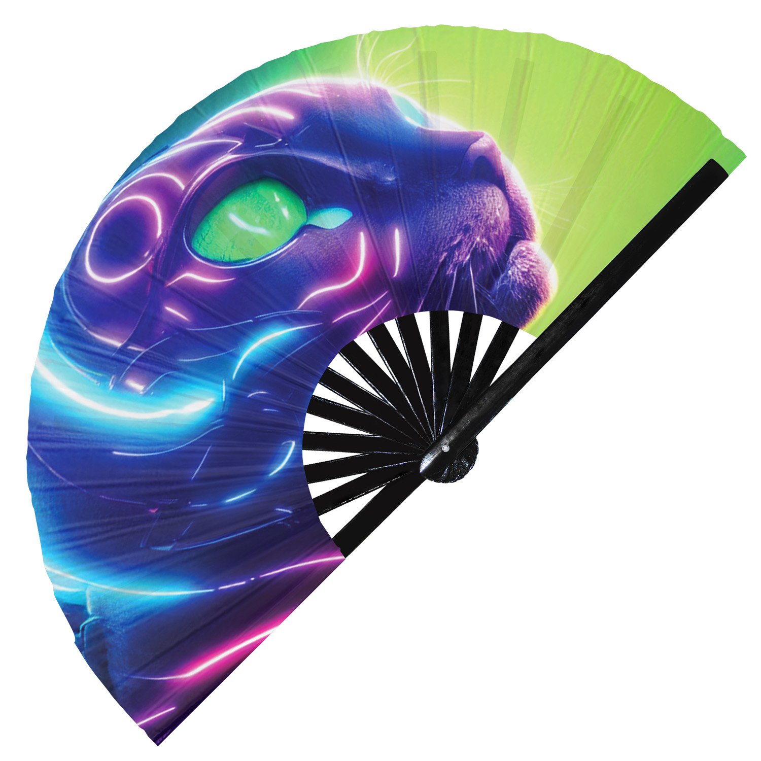 Neon Trippy Cat Psychedelic Rainbow Kitty - Clack Folding Rave & Festival Hand Fan - Image 9