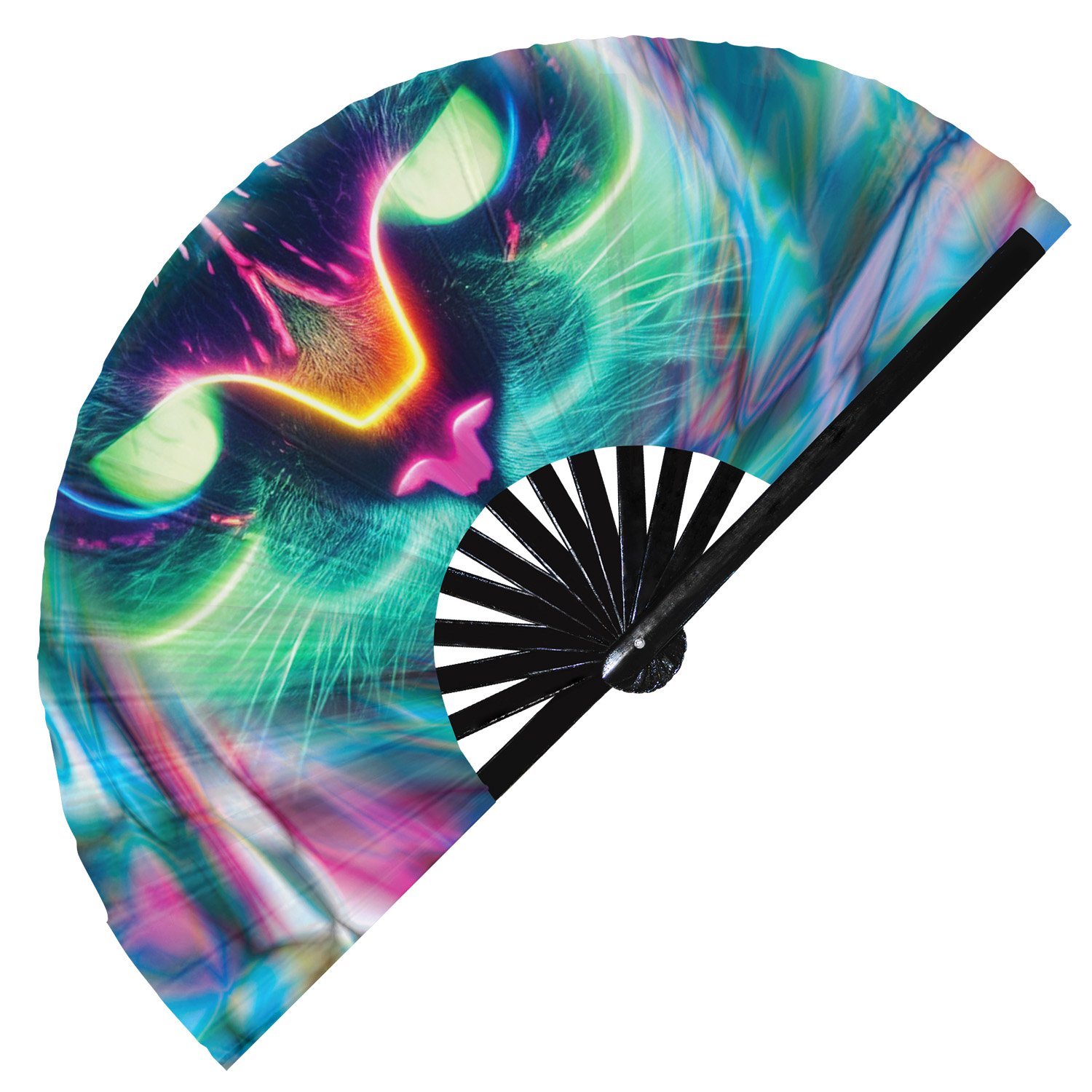 Neon Trippy Cat Psychedelic Rainbow Kitty - Clack Folding Rave & Festival Hand Fan - Image 10
