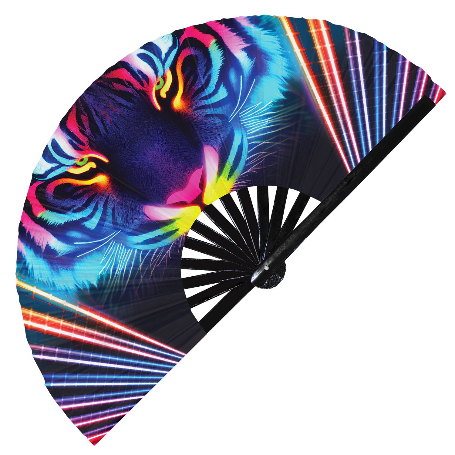 Neon Trippy Tiger Psychedelic Rainbow - Clack Folding Rave & Festival Hand Fan - Image 4