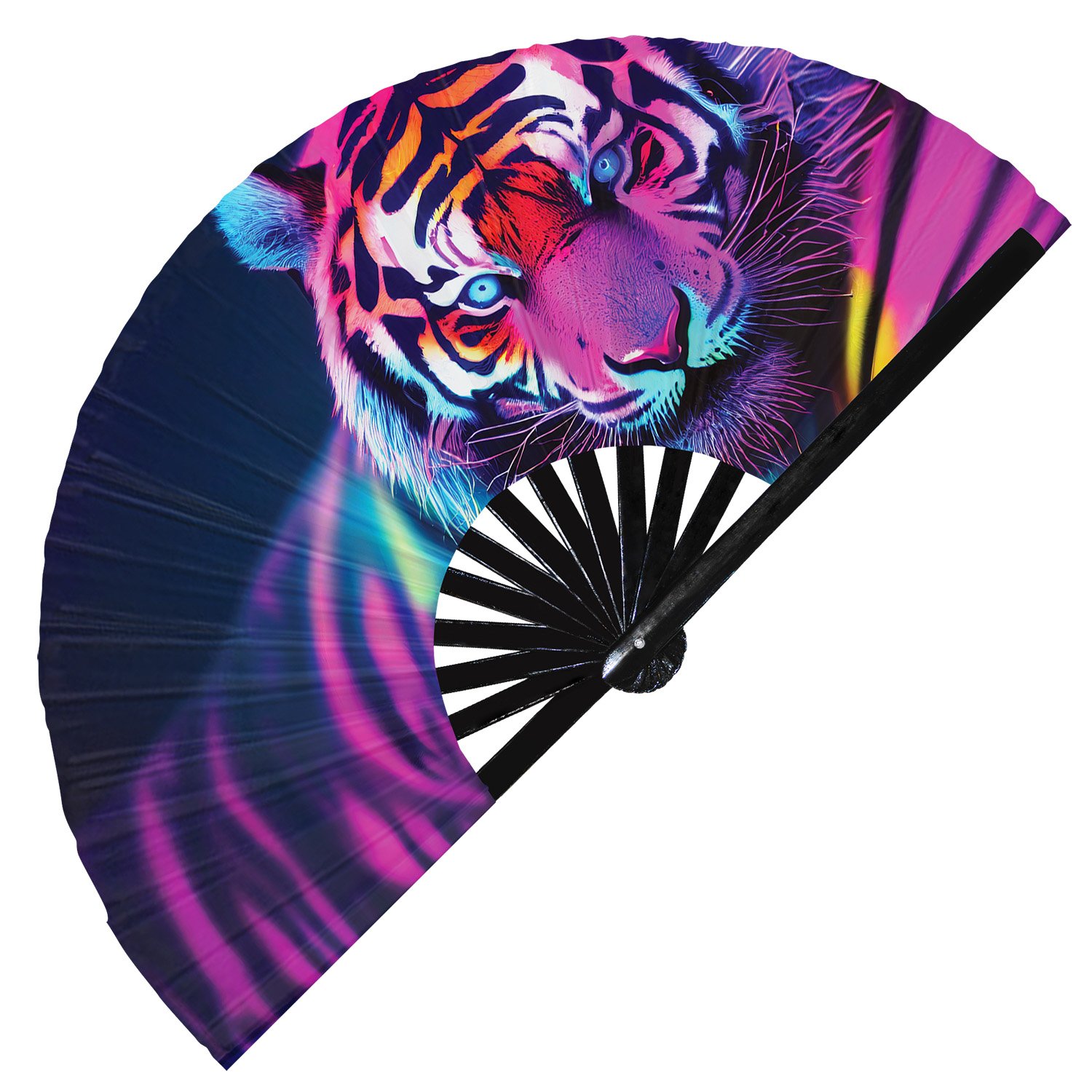 Neon Trippy Tiger Psychedelic Rainbow - Clack Folding Rave & Festival Hand Fan - Image 3