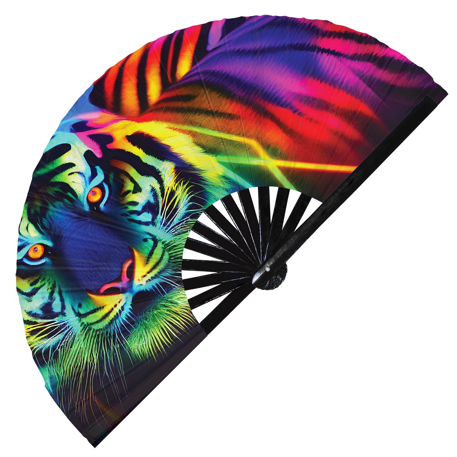Neon Trippy Tiger Psychedelic Rainbow - Clack Folding Rave & Festival Hand Fan