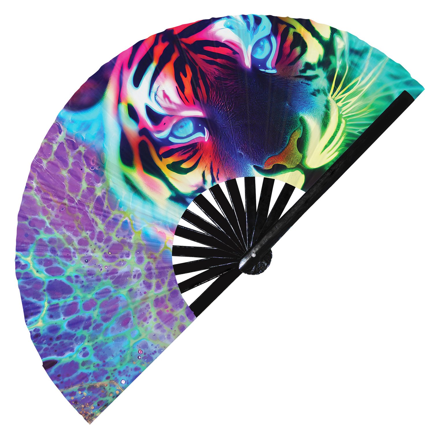 Neon Trippy Tiger Psychedelic Rainbow - Clack Folding Rave & Festival Hand Fan - Image 6