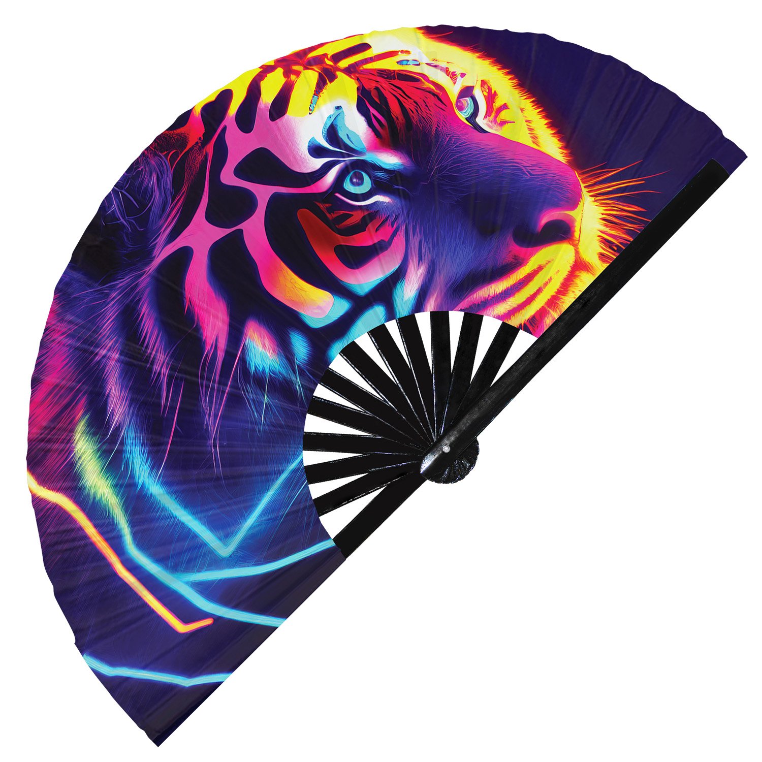 Neon Trippy Tiger Psychedelic Rainbow - Clack Folding Rave & Festival Hand Fan - Image 7