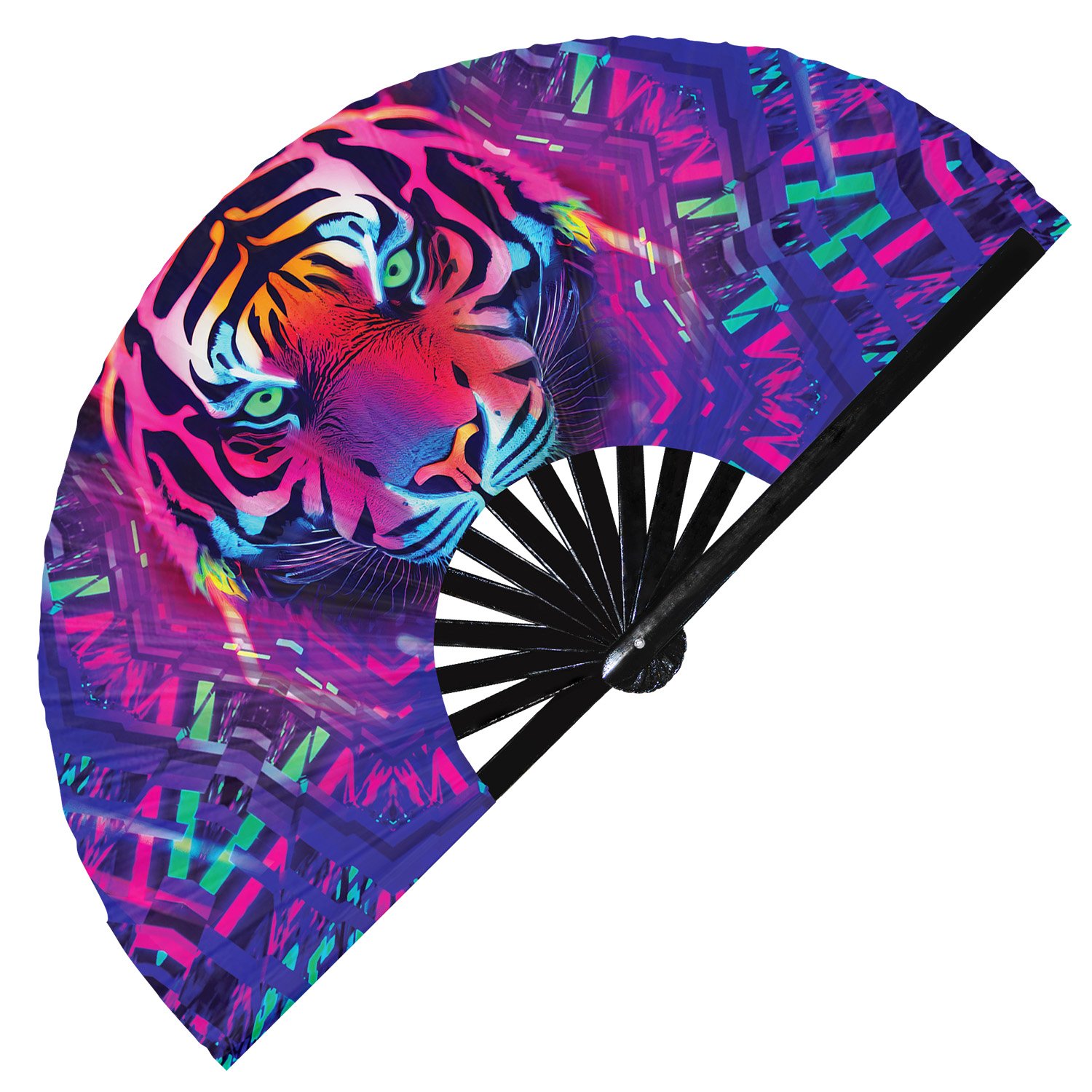 Neon Trippy Tiger Psychedelic Rainbow - Clack Folding Rave & Festival Hand Fan - Image 8