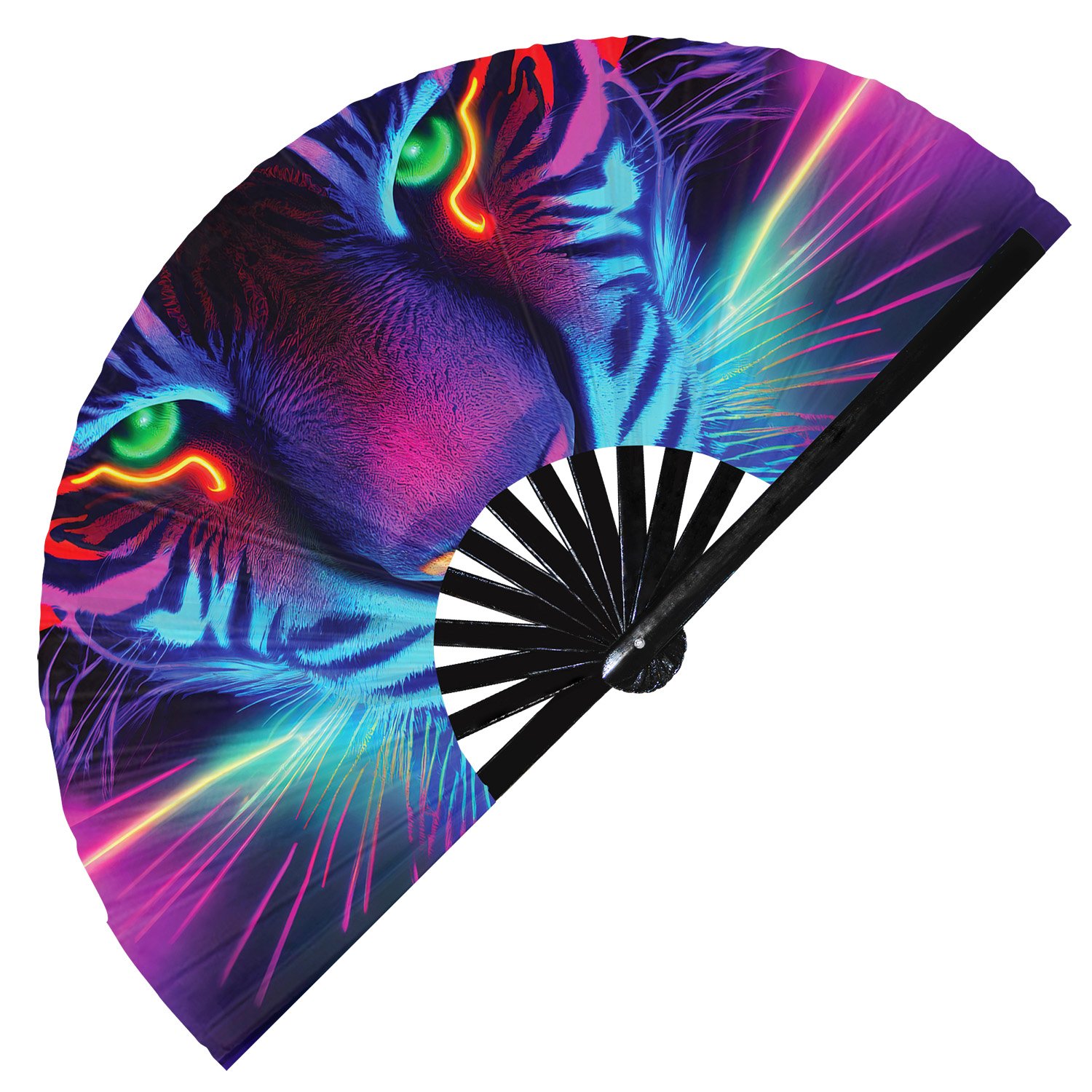 Neon Trippy Tiger Psychedelic Rainbow - Clack Folding Rave & Festival Hand Fan - Image 9