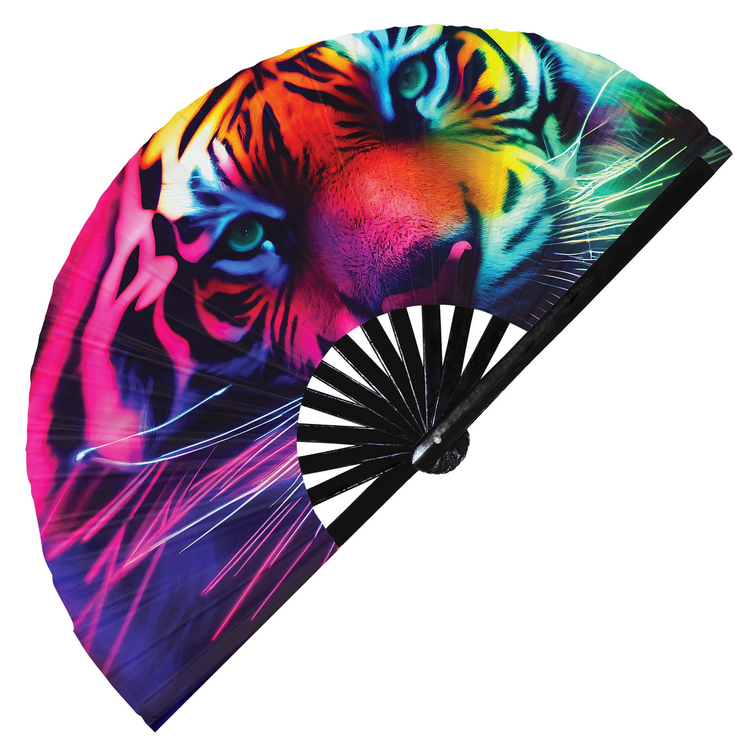 Neon Trippy Tiger Psychedelic Rainbow - Clack Folding Rave & Festival Hand Fan - Image 11