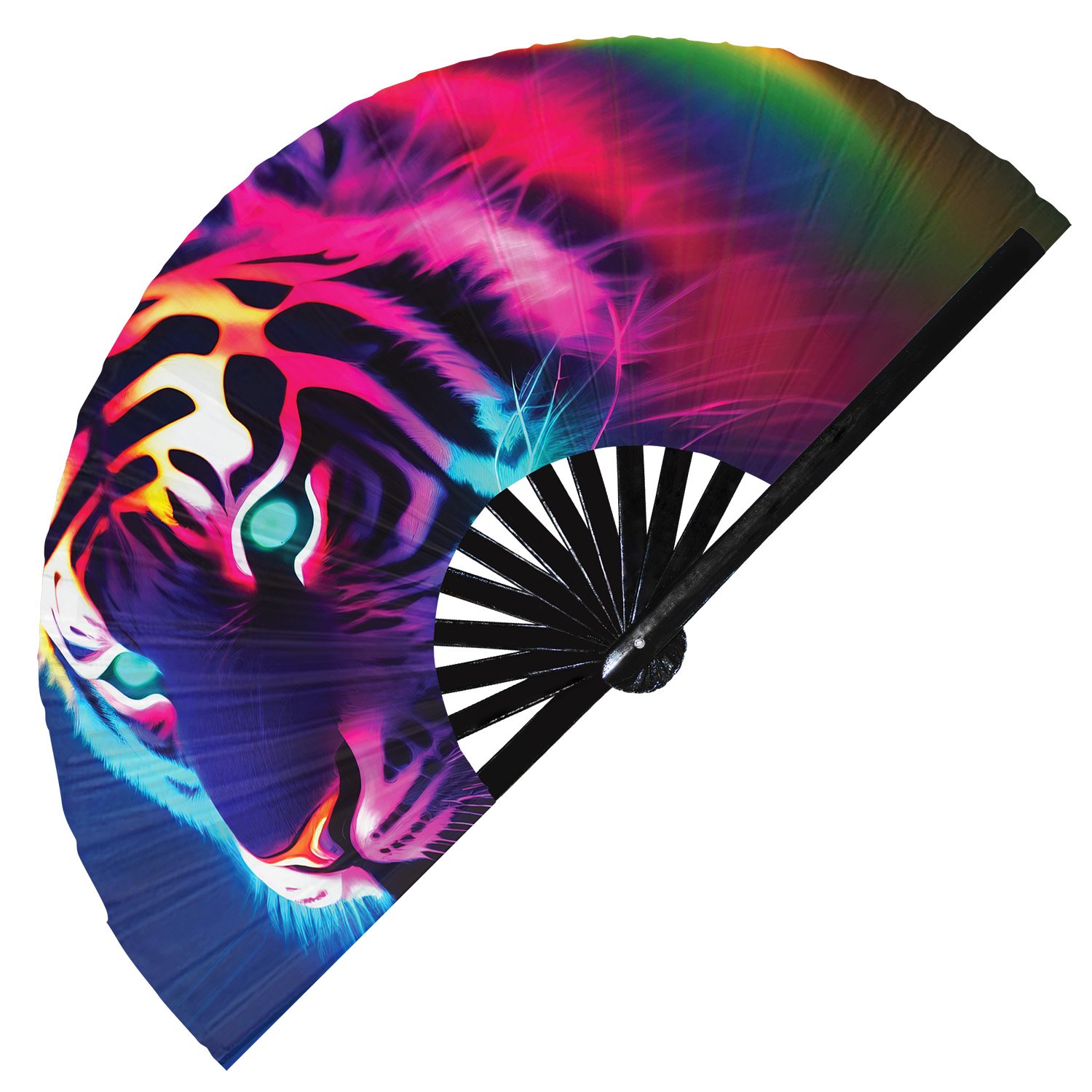 Neon Trippy Tiger Psychedelic Rainbow - Clack Folding Rave & Festival Hand Fan - Image 2