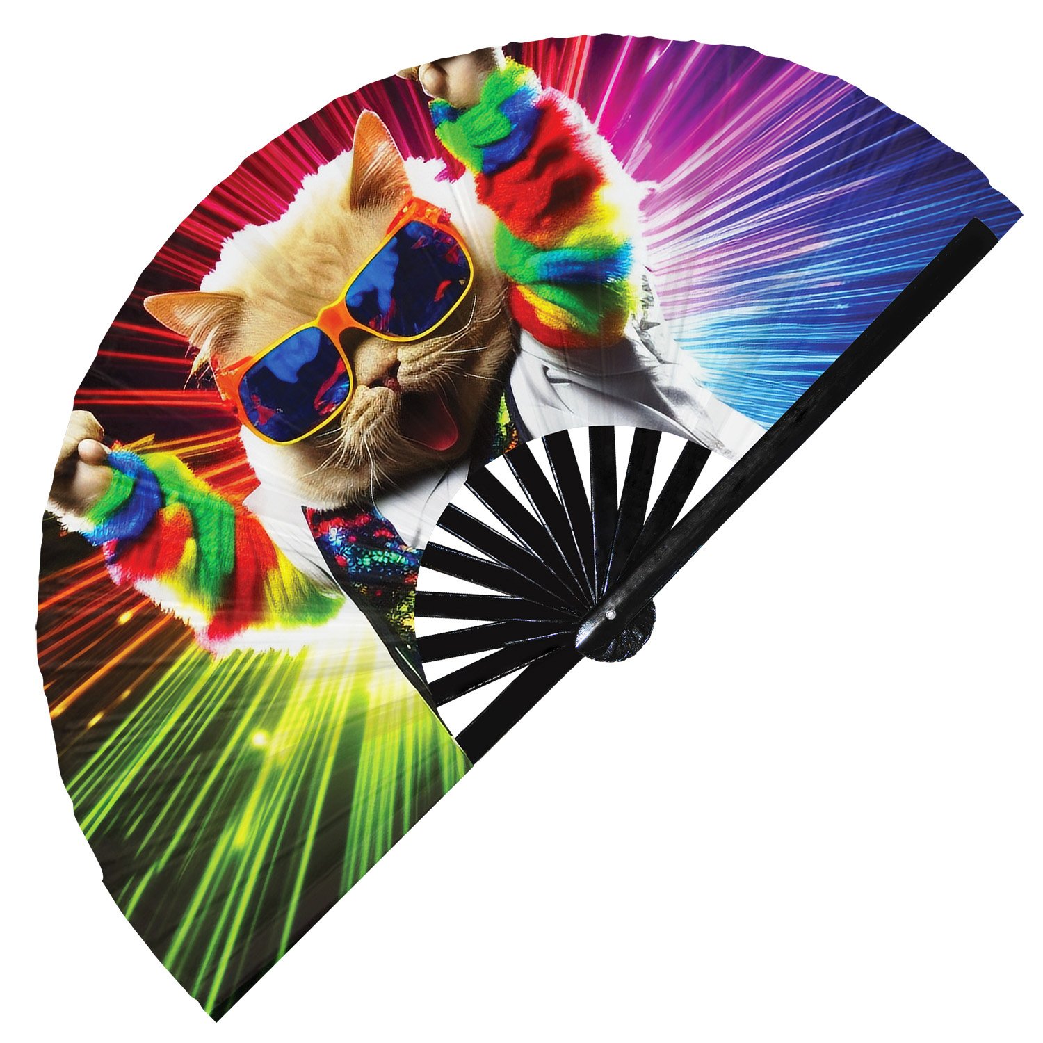 Neon Rave Party Cat Rainbow Dj Kitten Trippy - Clack Folding Rave & Festival Hand Fan - Image 5