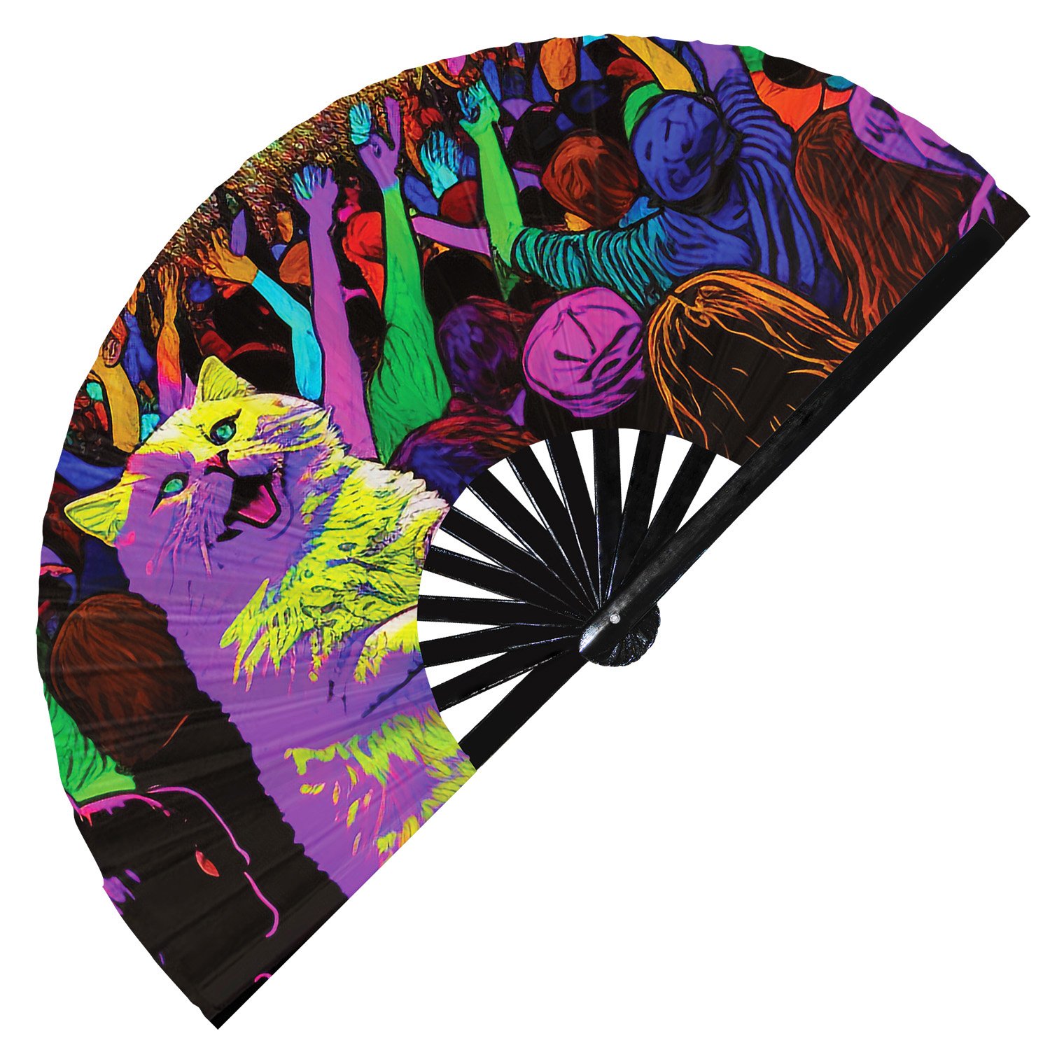 Neon Rave Party Cat Rainbow Dj Kitten Trippy - Clack Folding Rave & Festival Hand Fan - Image 4