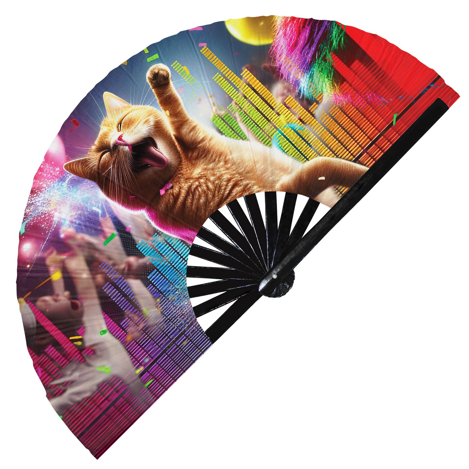 Neon Rave Party Cat Rainbow Dj Kitten Trippy - Clack Folding Rave & Festival Hand Fan - Image 6