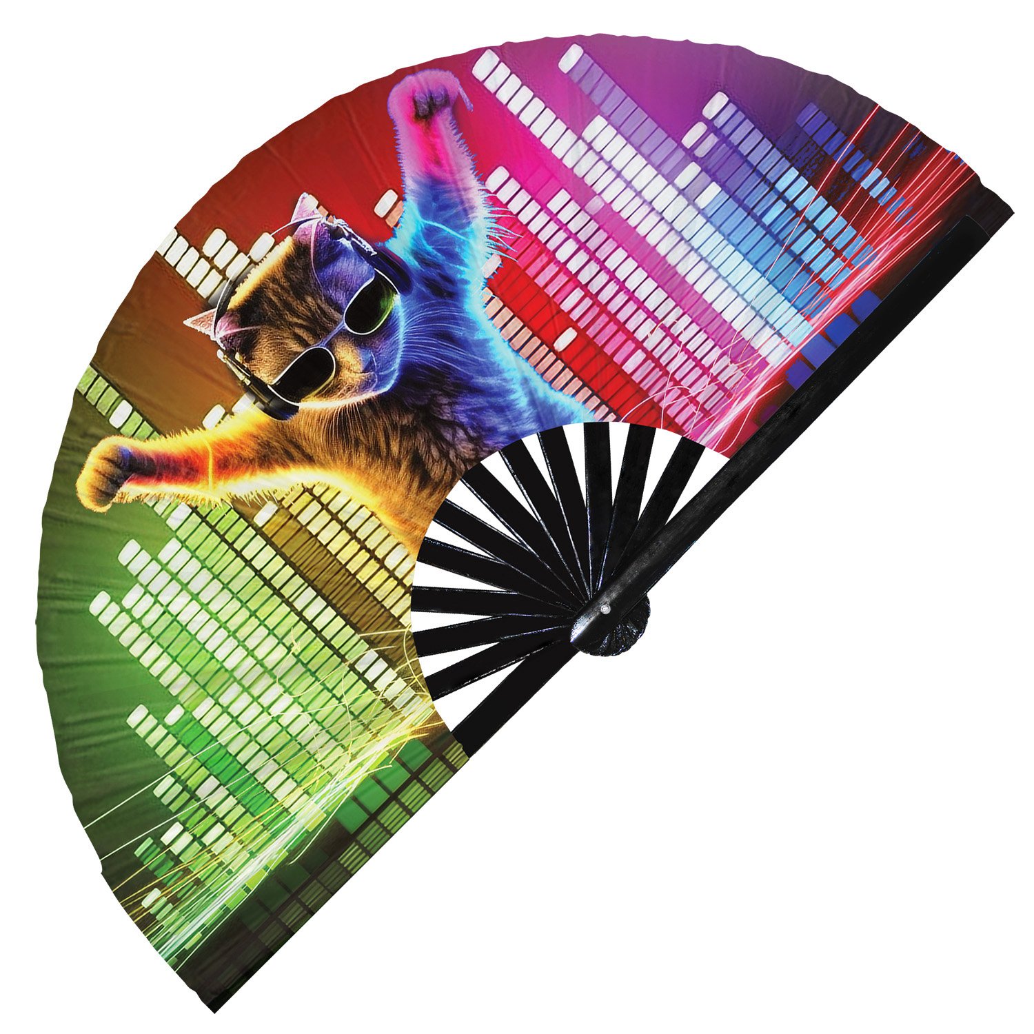 Neon Rave Party Cat Rainbow Dj Kitten Trippy - Clack Folding Rave & Festival Hand Fan - Image 7