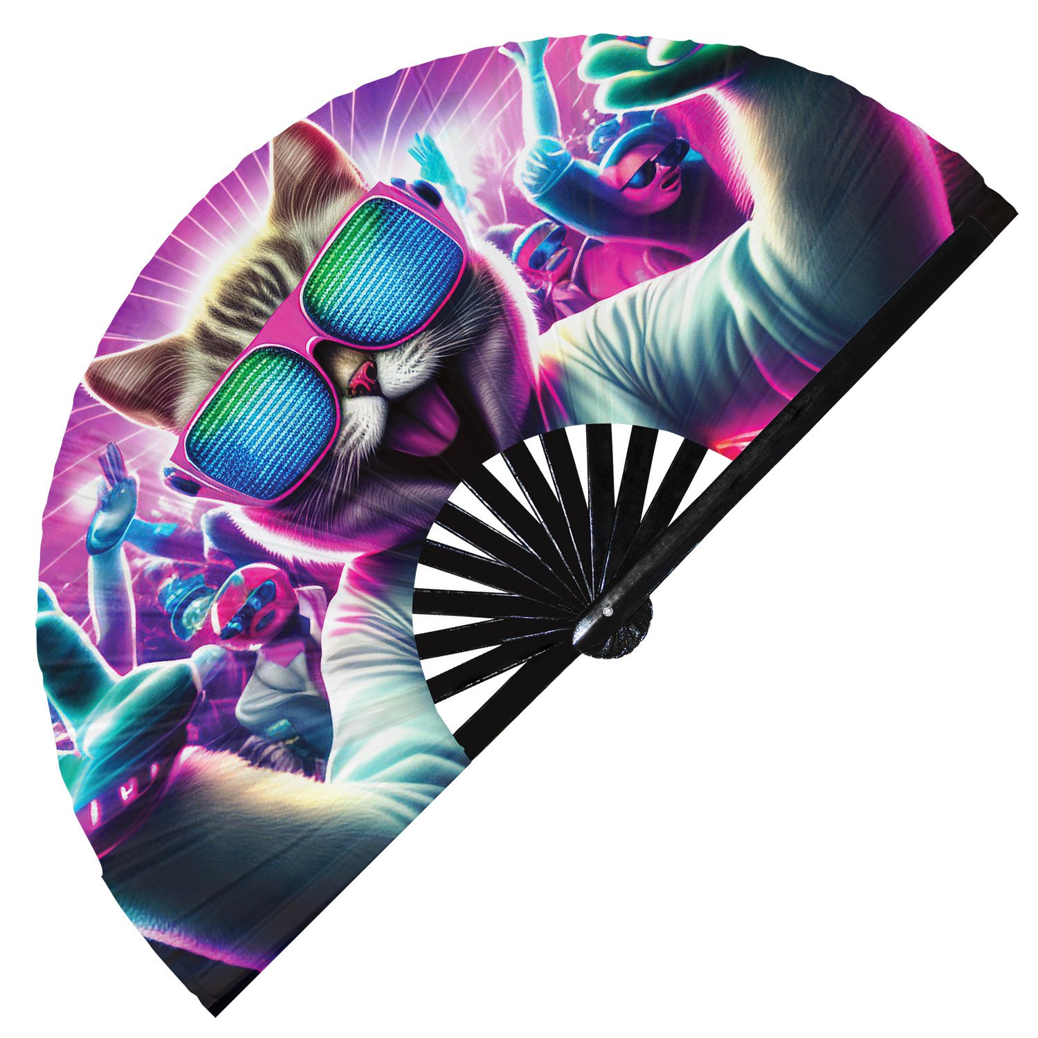 Neon Rave Party Cat Rainbow Dj Kitten Trippy - Clack Folding Rave & Festival Hand Fan - Image 8
