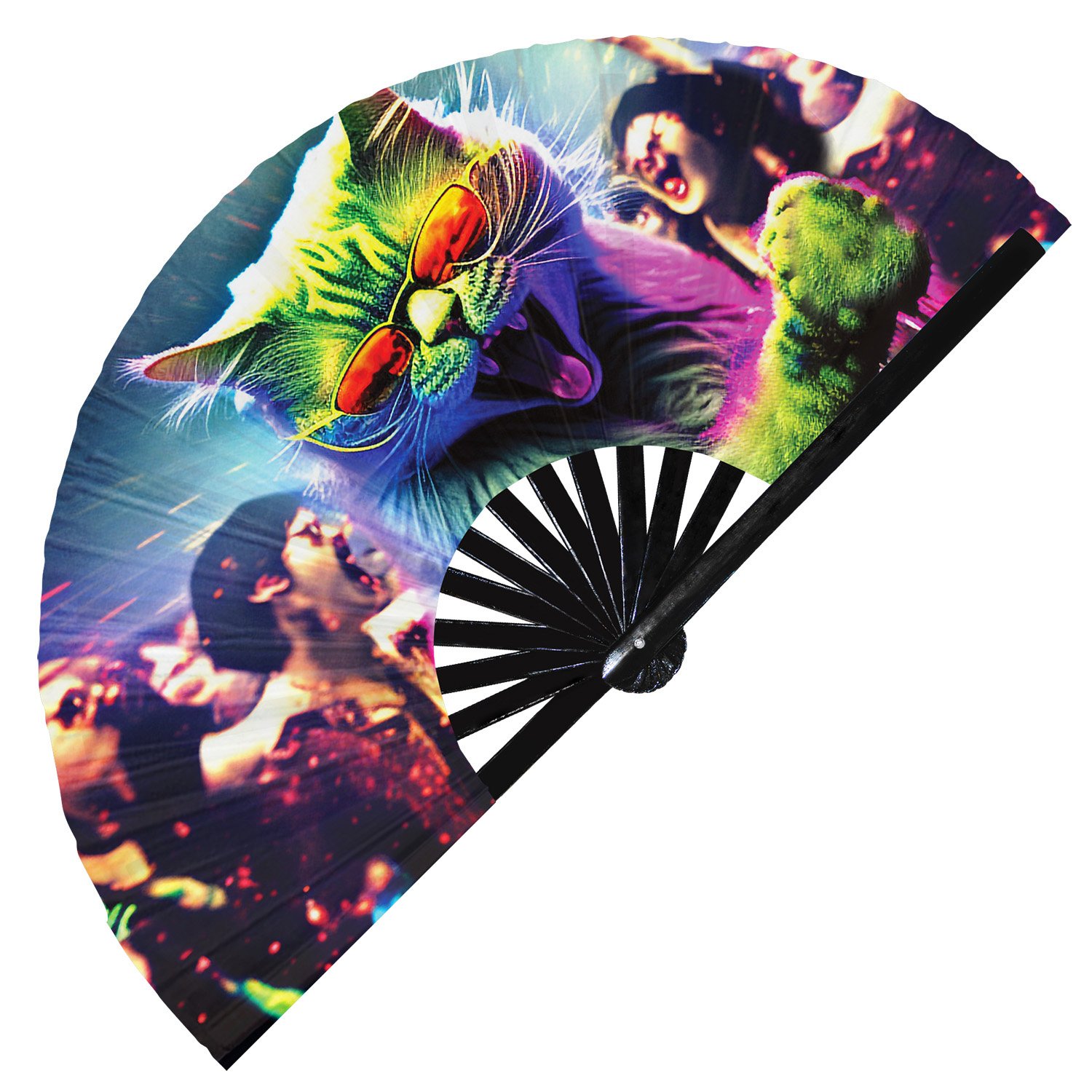 Neon Rave Party Cat Rainbow Dj Kitten Trippy - Clack Folding Rave & Festival Hand Fan - Image 9