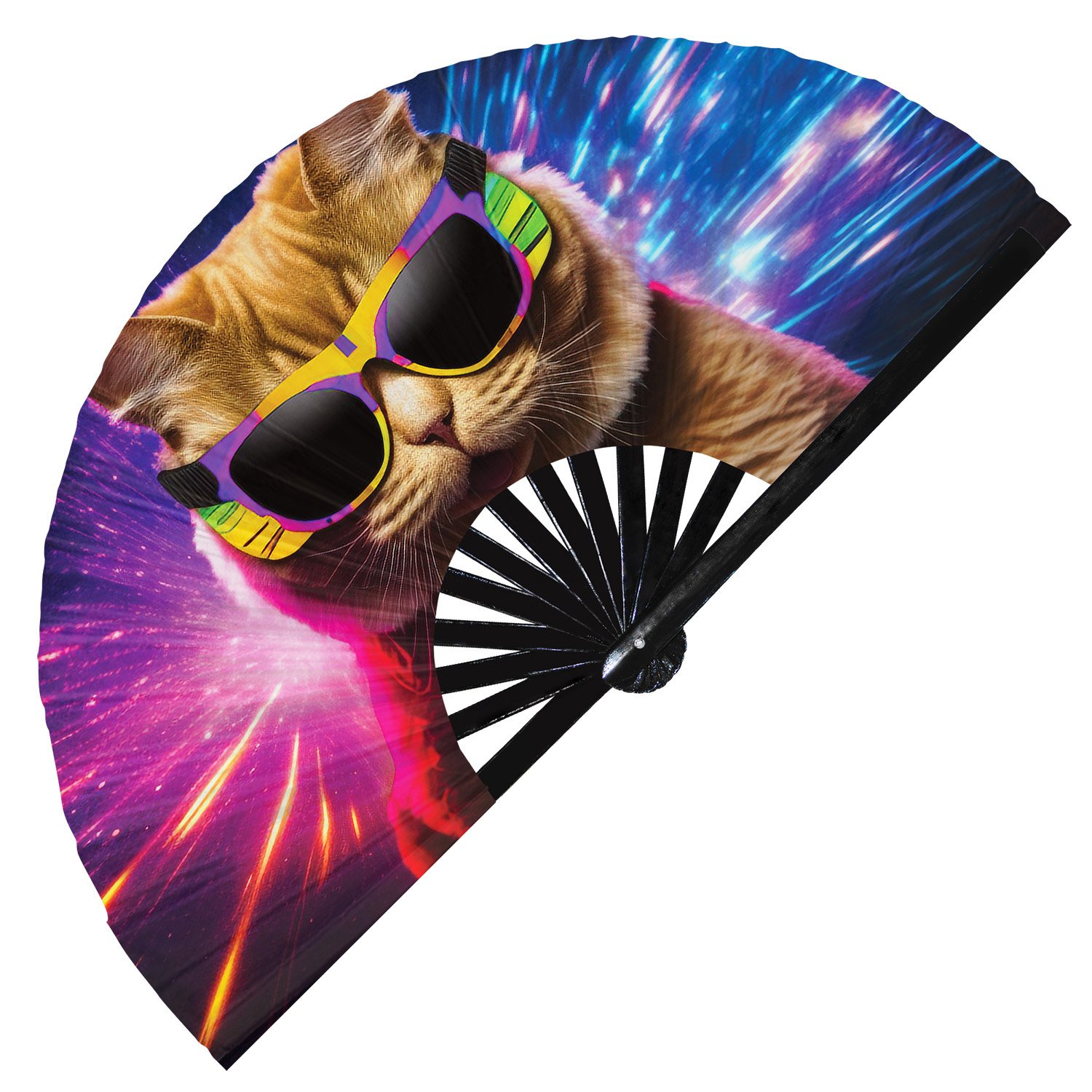 Neon Rave Party Cat Rainbow Dj Kitten Trippy - Clack Folding Rave & Festival Hand Fan - Image 10