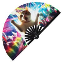Neon Rave Party Cat Rainbow Dj Kitten Trippy - Clack Folding Rave & Festival Hand Fan