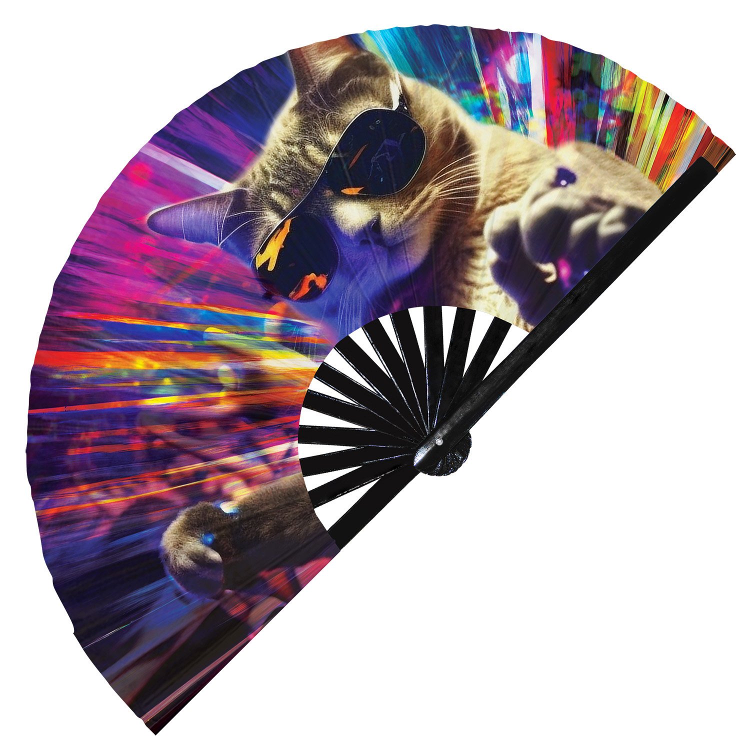 Neon Rave Party Cat Rainbow Dj Kitten Trippy - Clack Folding Rave & Festival Hand Fan - Image 2