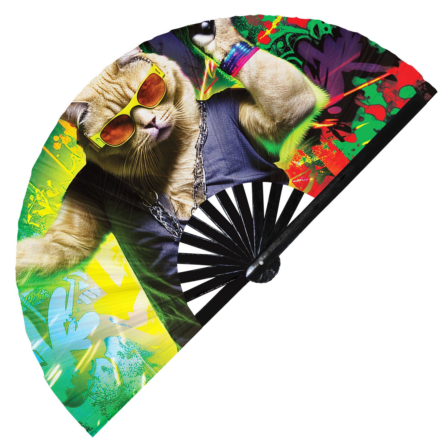 Neon Rave Party Cat Rainbow Dj Kitten Trippy - Clack Folding Rave & Festival Hand Fan - Image 3