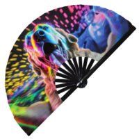 Neon Rave Party Dog Rainbow Dj Puppy Trippy - Clack Folding Rave & Festival Hand Fan