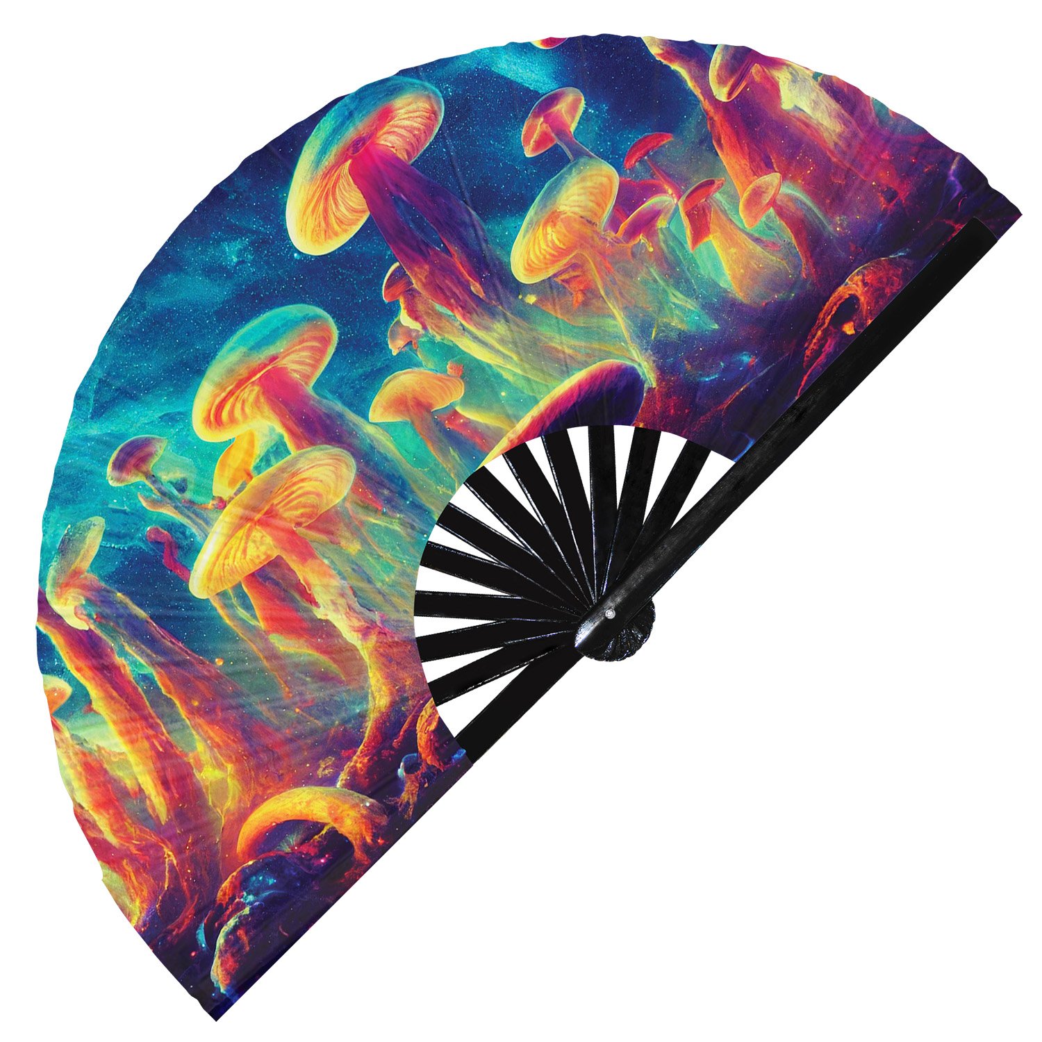Psychedelic Trippy Mushroom Space Rainbow - Clack Folding Rave & Festival Hand Fan