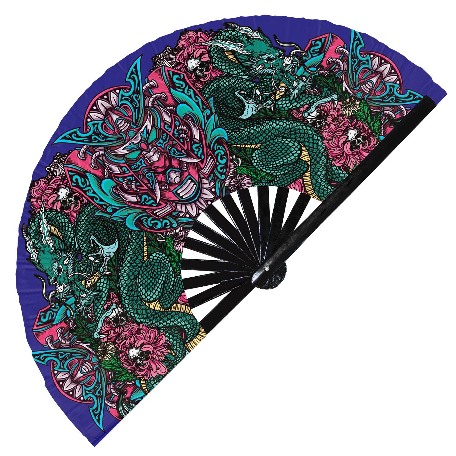 Japanese Colorful Tribal Samurai Oni Barong - Clack Folding Rave & Festival Hand Fan - Image 4