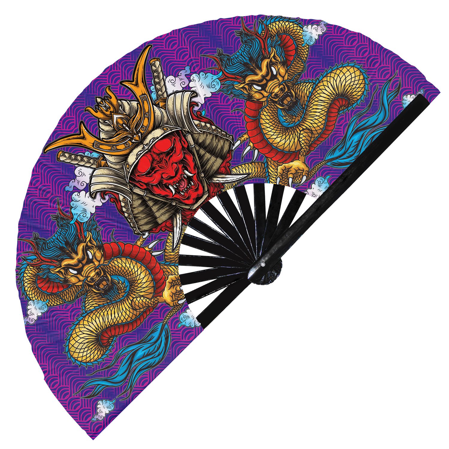 Japanese Colorful Tribal Samurai Oni Barong - Clack Folding Rave & Festival Hand Fan - Image 3
