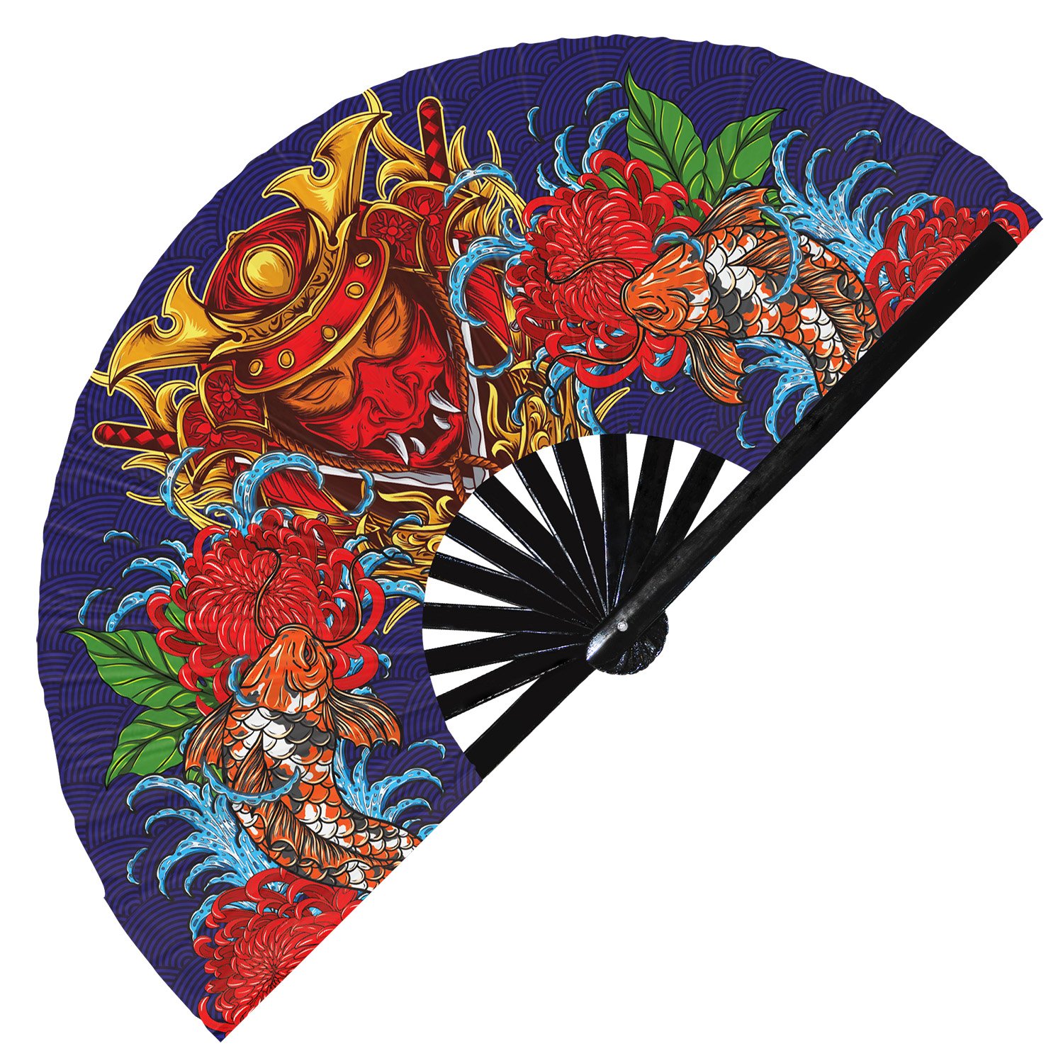 Japanese Colorful Tribal Samurai Oni Barong - Clack Folding Rave & Festival Hand Fan - Image 5