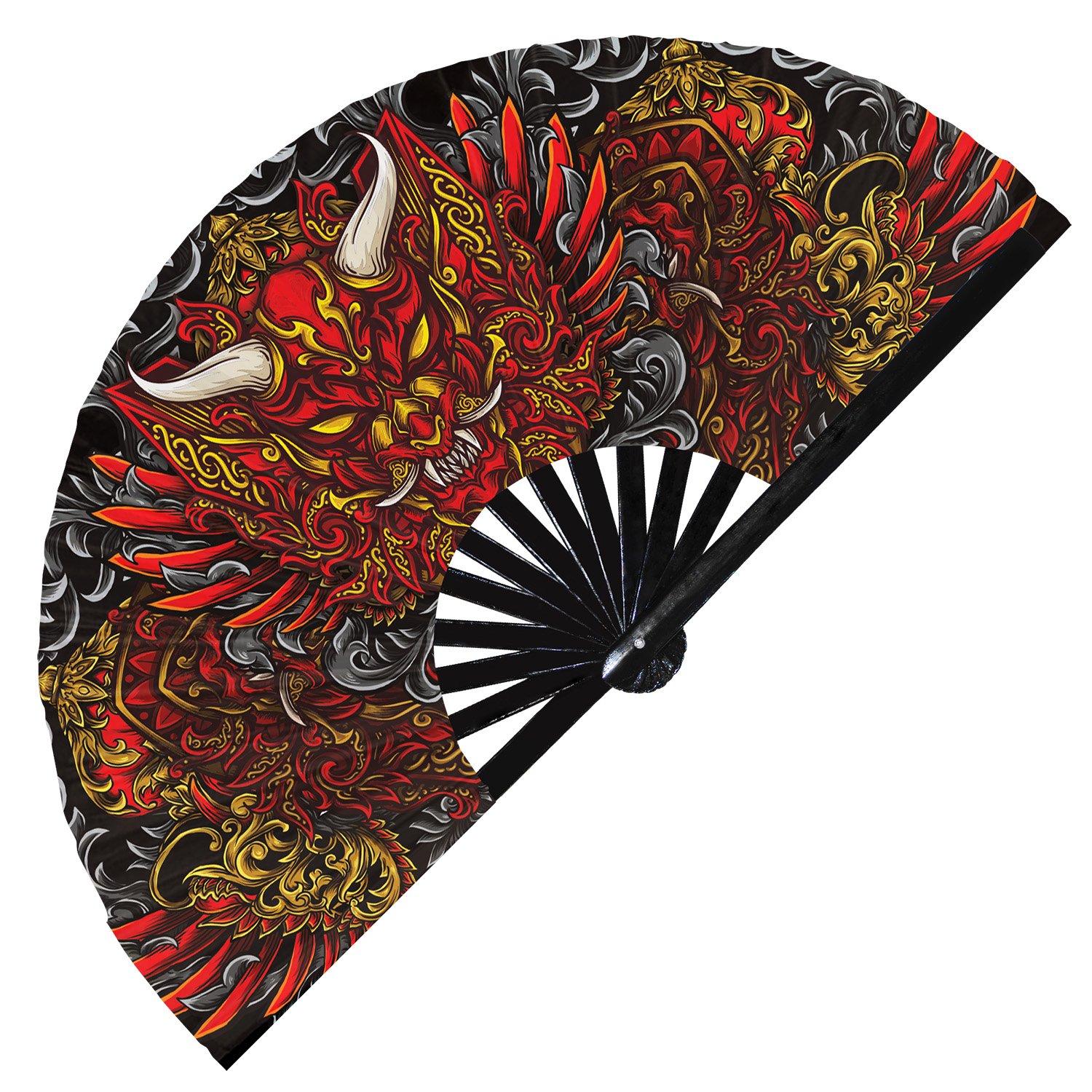 Japanese Colorful Tribal Samurai Oni Barong - Clack Folding Rave & Festival Hand Fan - Image 8
