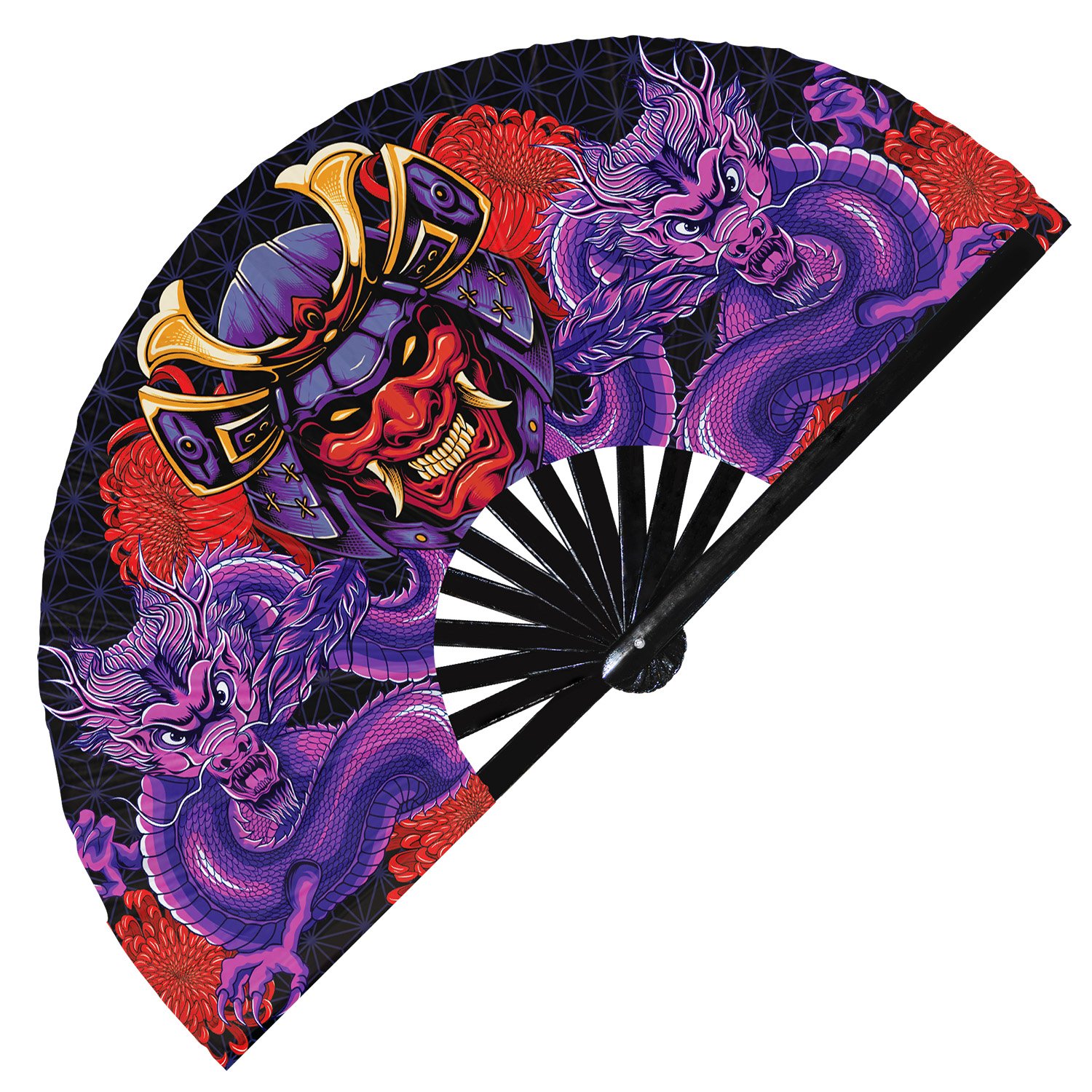 Japanese Colorful Tribal Samurai Oni Barong - Clack Folding Rave & Festival Hand Fan - Image 9