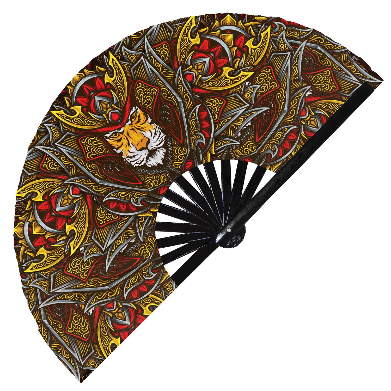 Japanese Colorful Tribal Samurai Oni Barong - Clack Folding Rave & Festival Hand Fan - Image 10