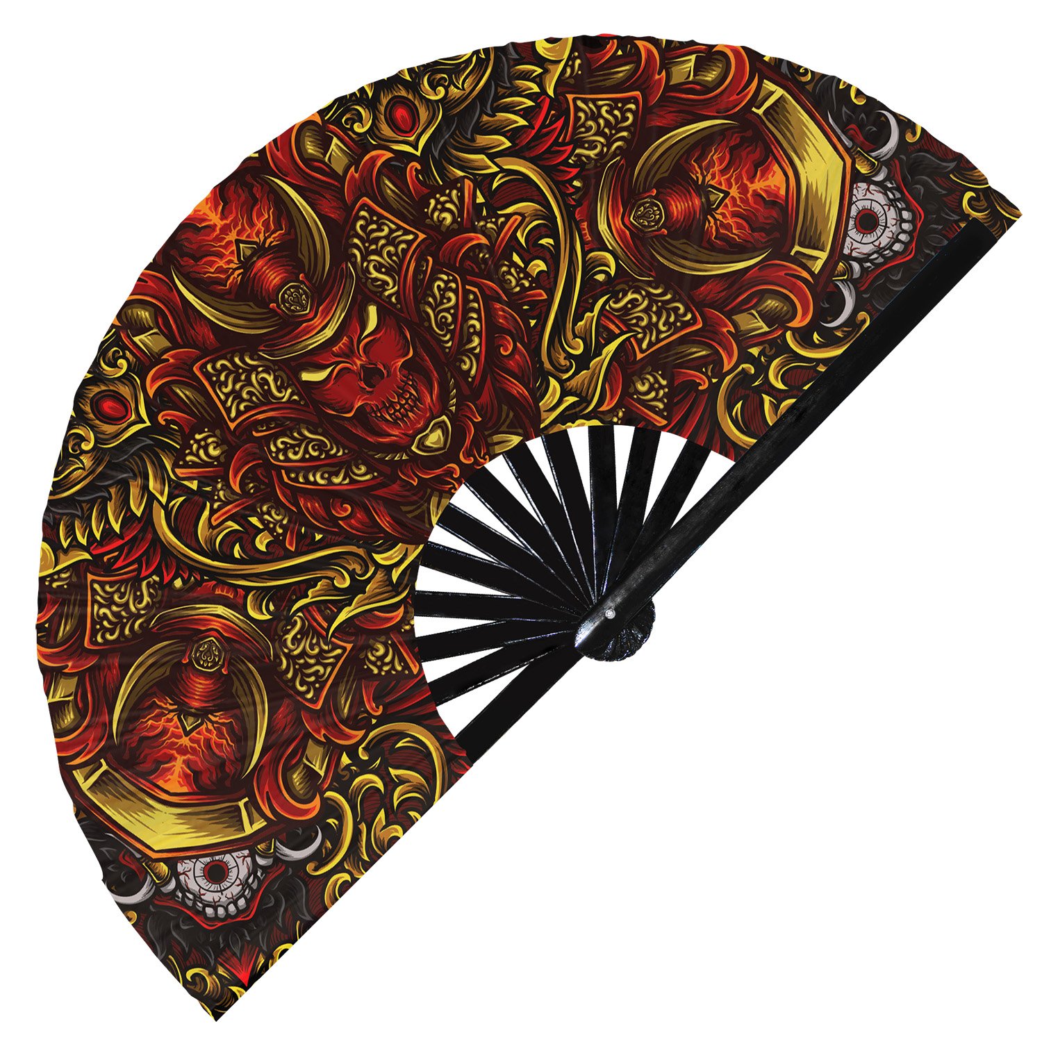 Japanese Colorful Tribal Samurai Oni Barong - Clack Folding Rave & Festival Hand Fan - Image 11