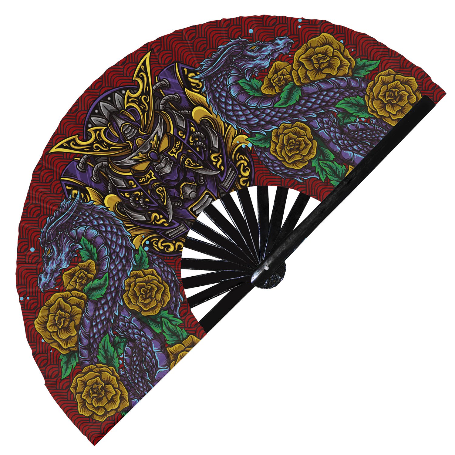 Japanese Colorful Tribal Samurai Oni Barong - Clack Folding Rave & Festival Hand Fan - Image 2