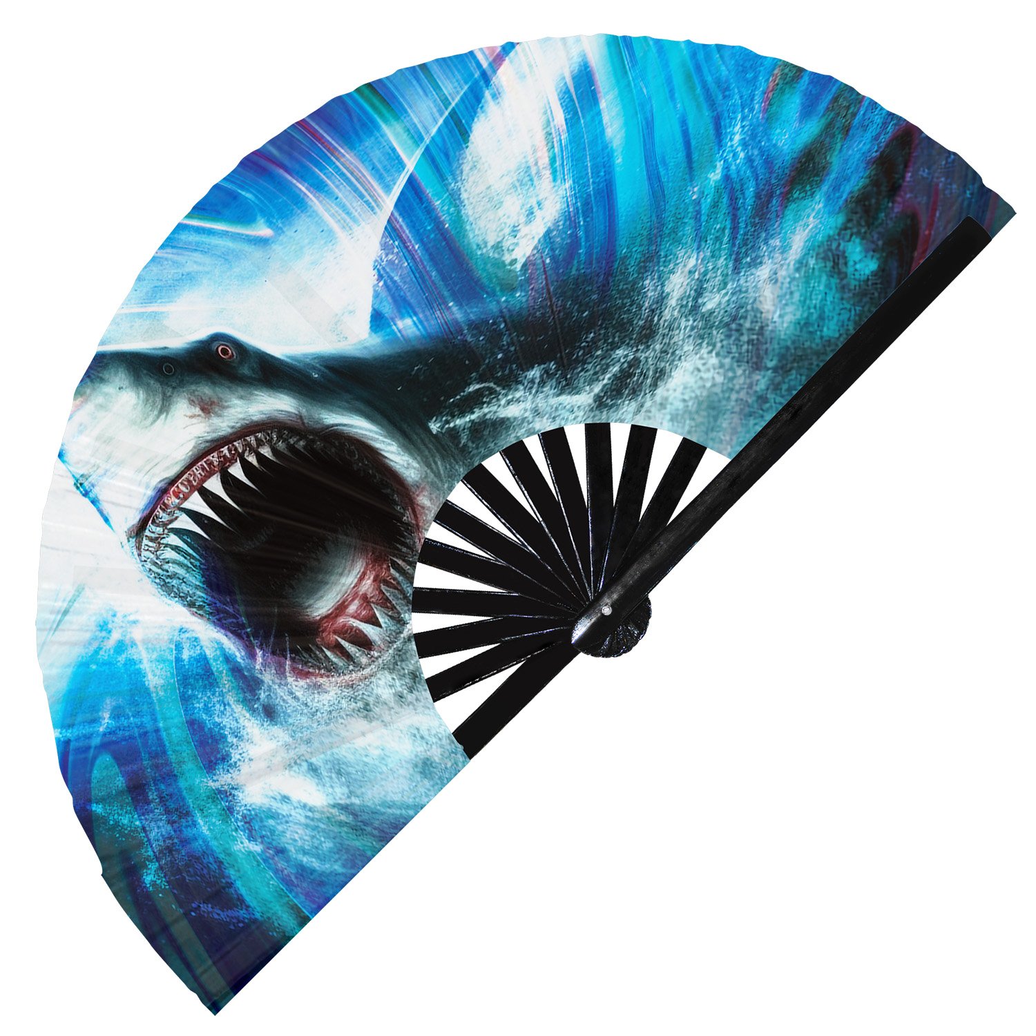 Psychedelic Trippy Shark Rainbow - Clack Folding Rave & Festival Hand Fan - Image 3