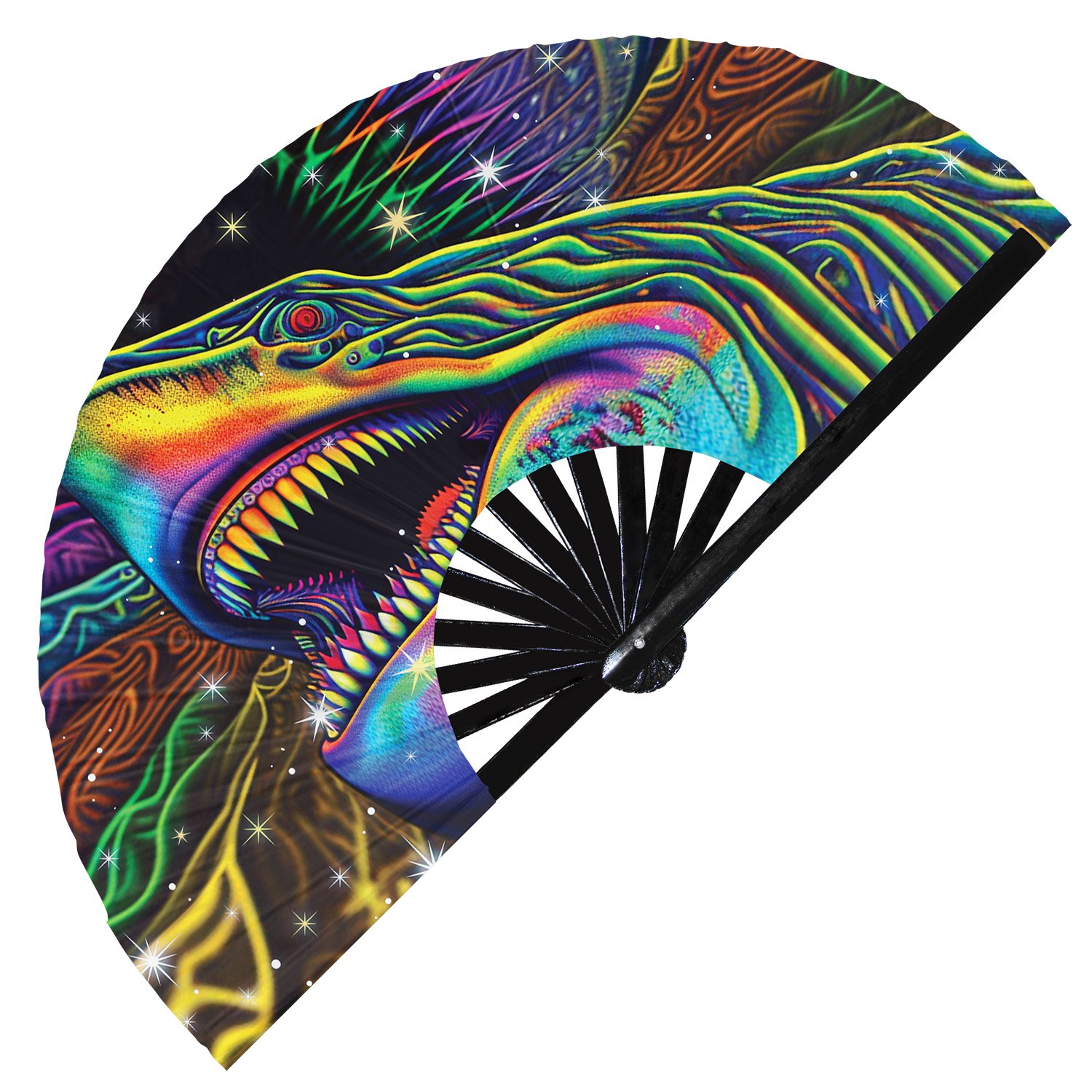 Psychedelic Trippy Shark Rainbow - Clack Folding Rave & Festival Hand Fan