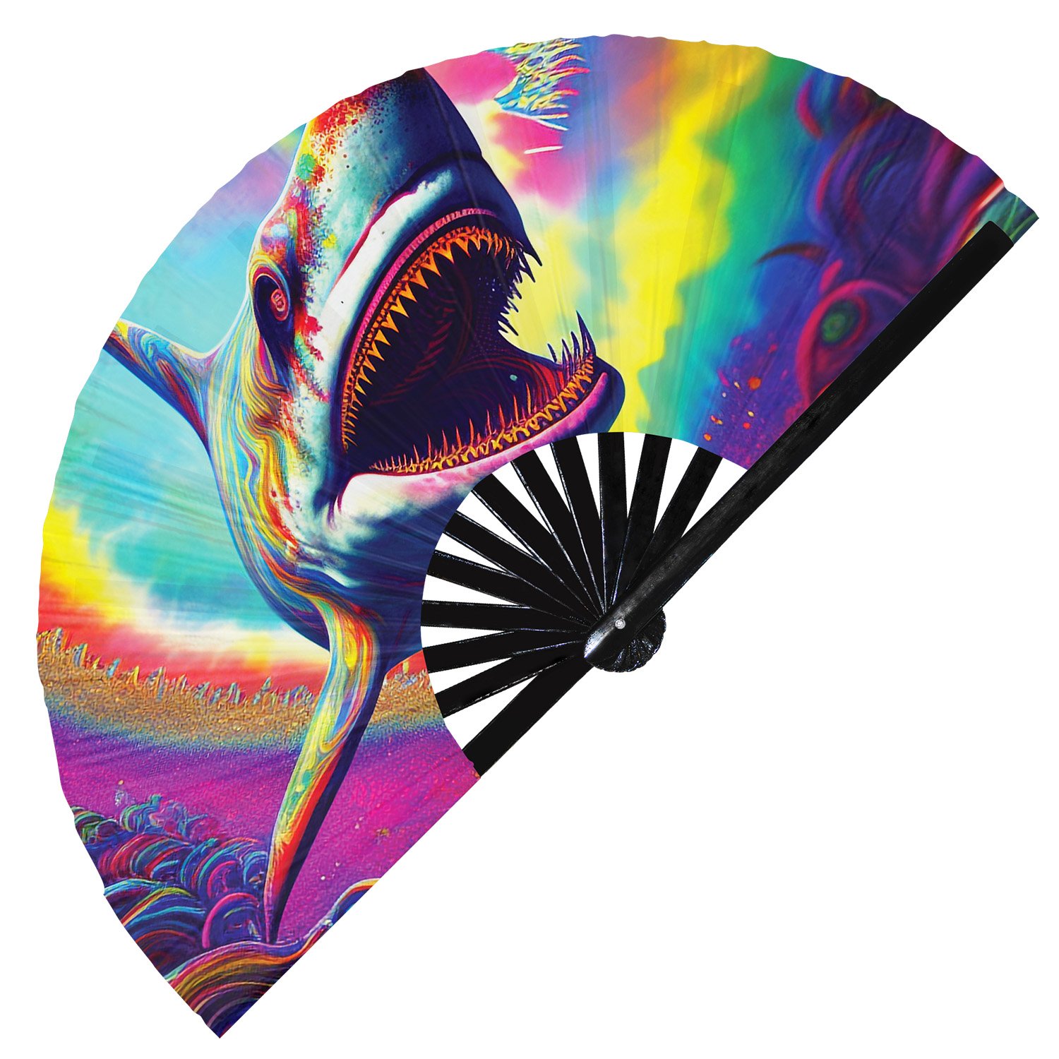 Psychedelic Trippy Shark Rainbow - Clack Folding Rave & Festival Hand Fan - Image 9