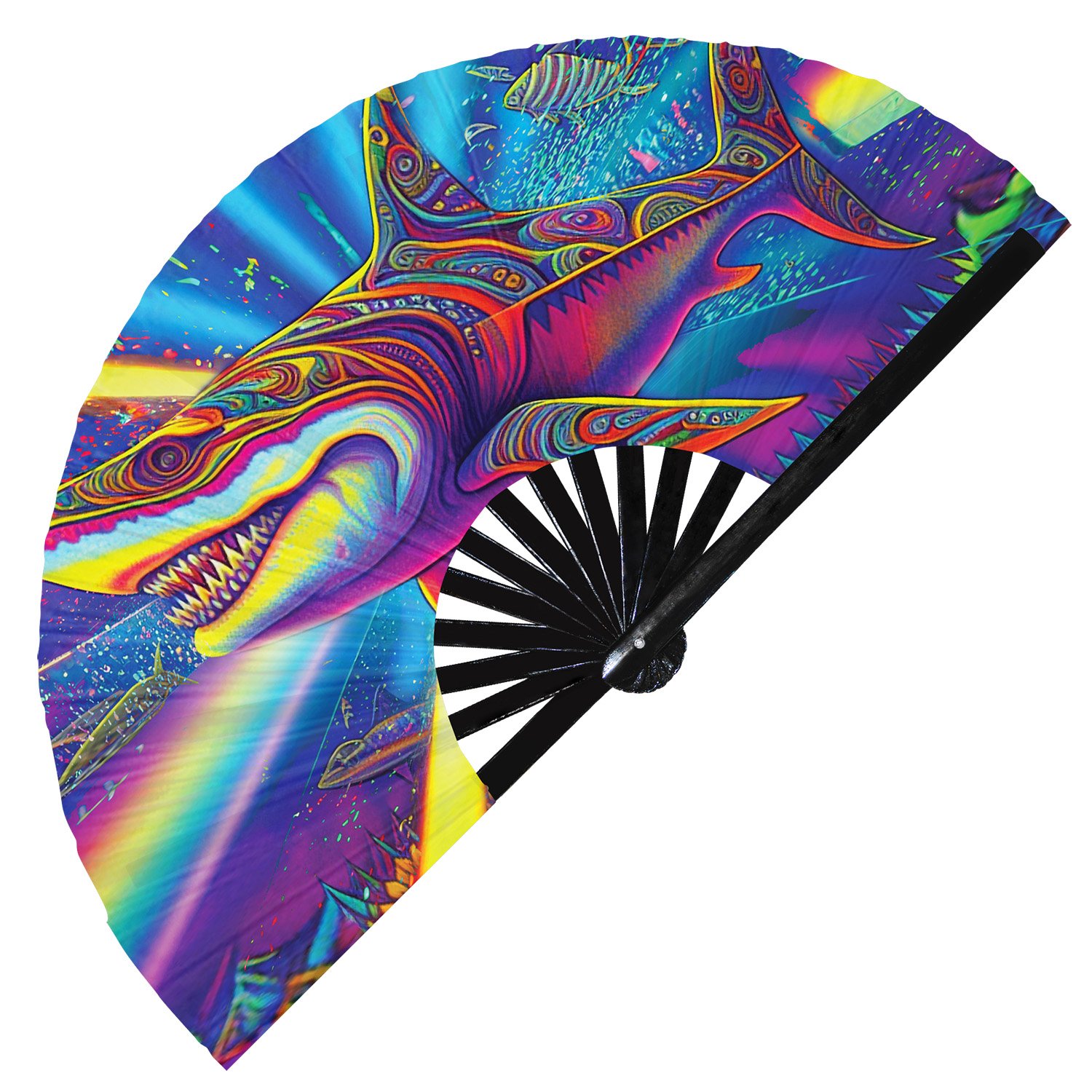 Psychedelic Trippy Shark Rainbow - Clack Folding Rave & Festival Hand Fan - Image 10