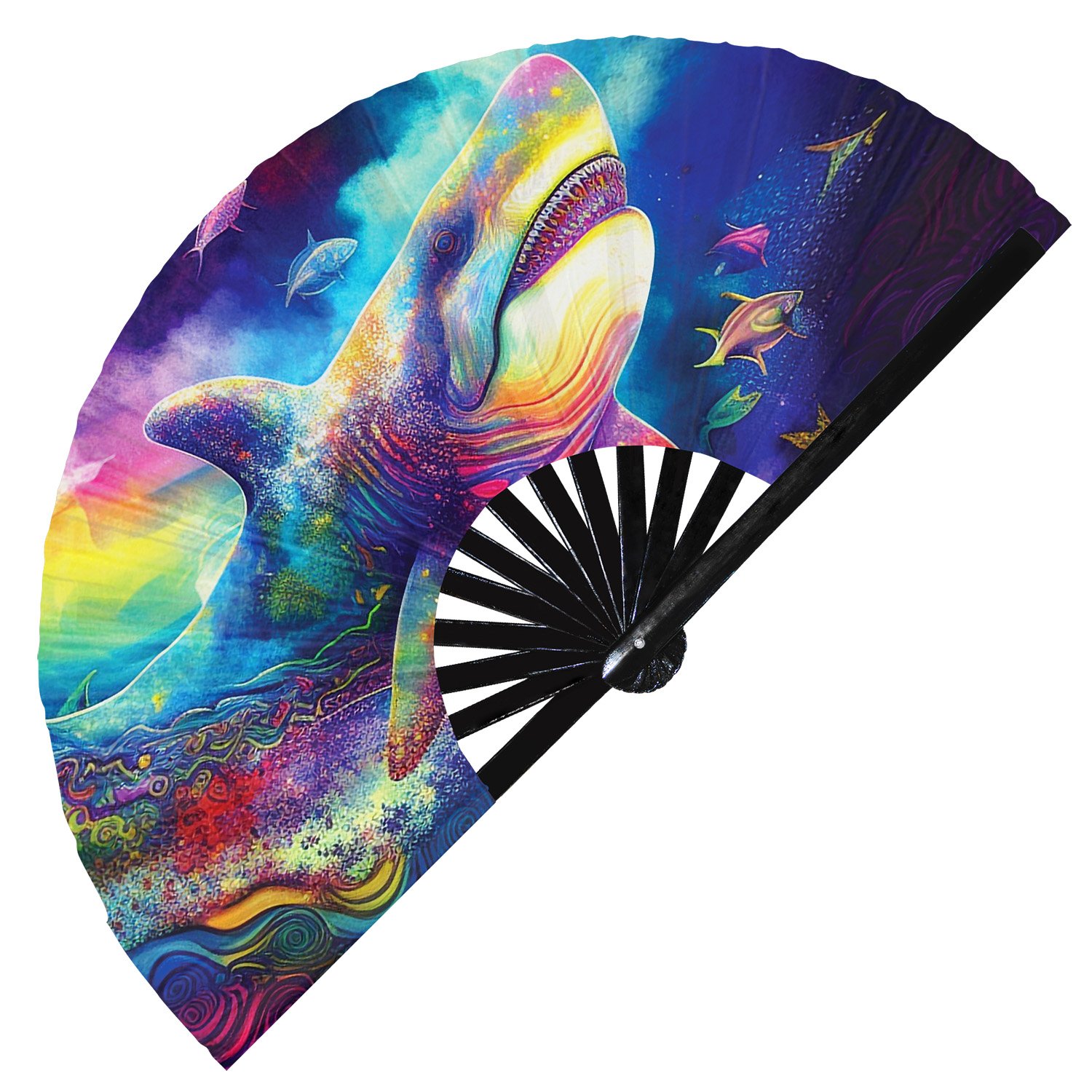 Psychedelic Trippy Shark Rainbow - Clack Folding Rave & Festival Hand Fan - Image 11