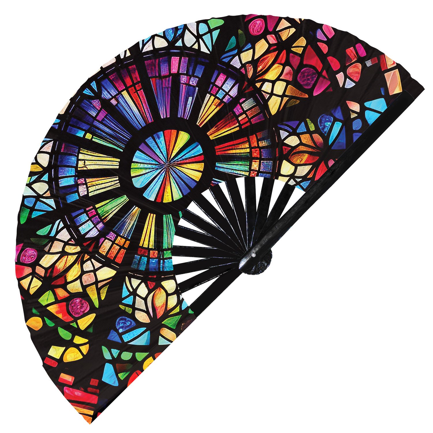Colorful Rainbow Floral Stained Glass - Clack Folding Rave & Festival Hand Fan - Image 5