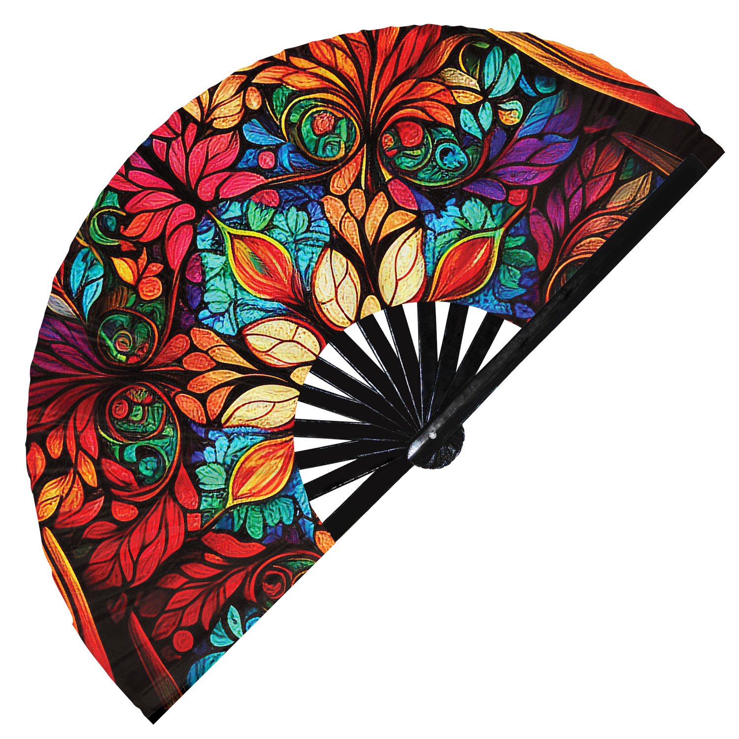 Colorful Rainbow Floral Stained Glass - Clack Folding Rave & Festival Hand Fan - Image 6