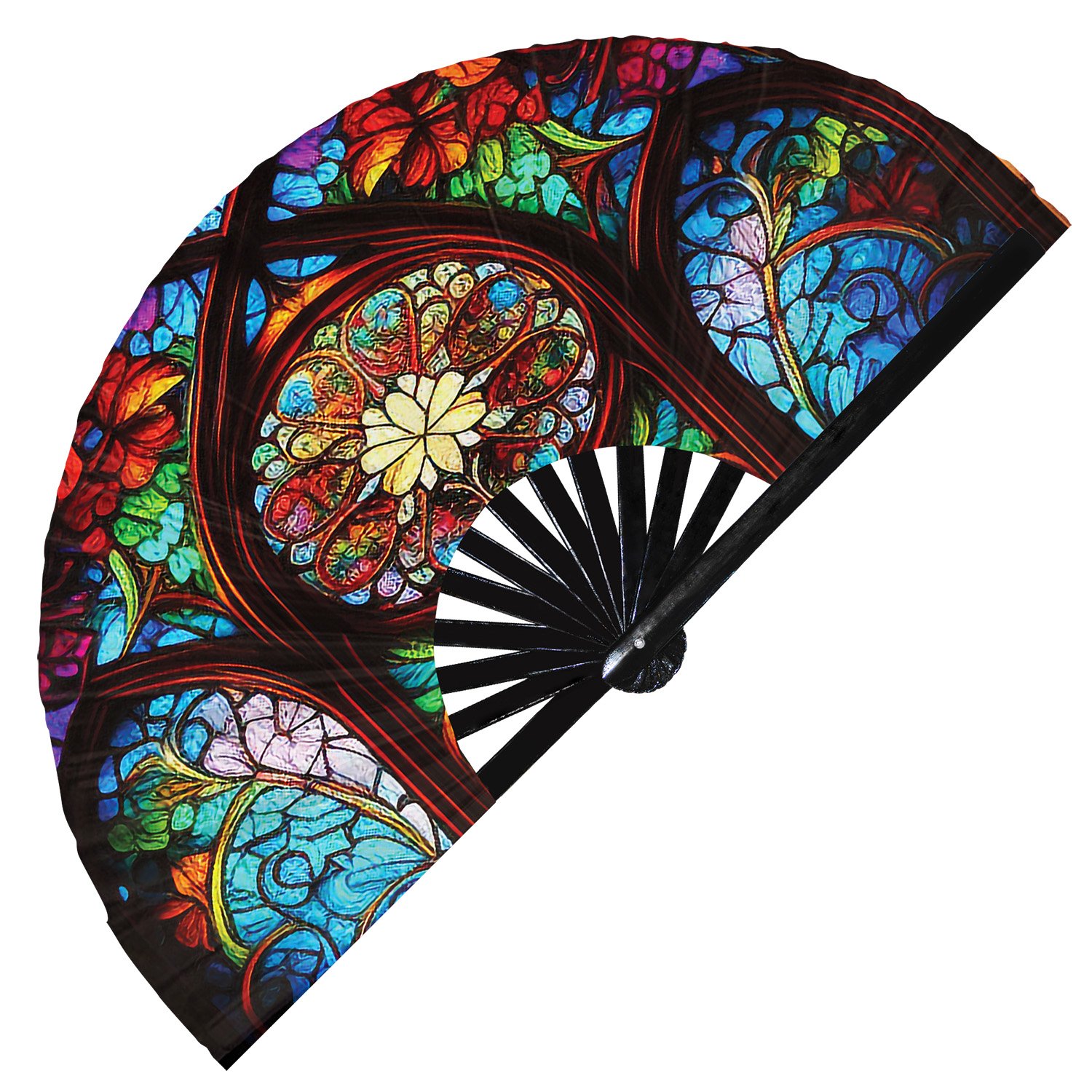 Colorful Rainbow Floral Stained Glass - Clack Folding Rave & Festival Hand Fan - Image 7
