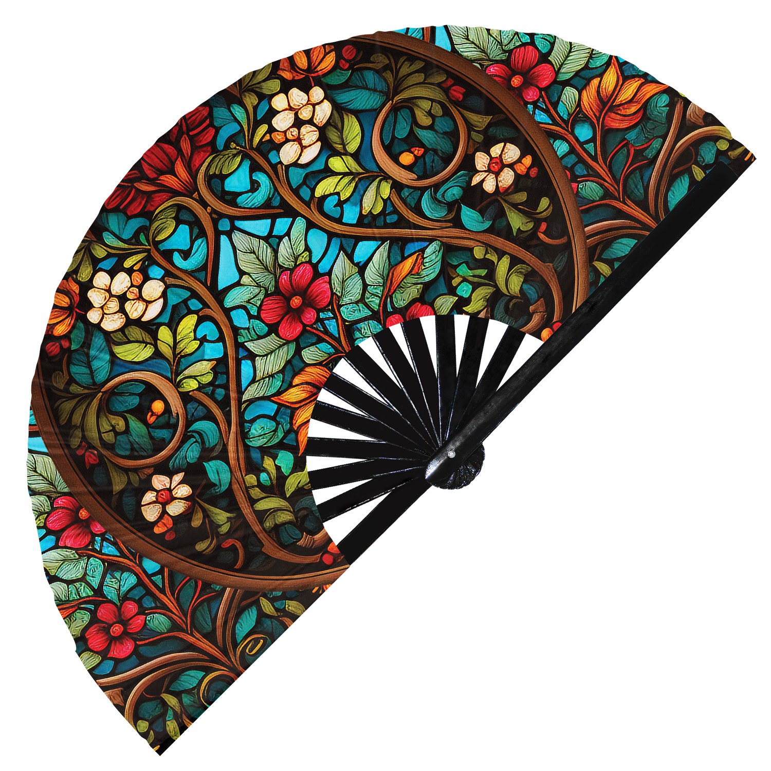 Colorful Rainbow Floral Stained Glass - Clack Folding Rave & Festival Hand Fan