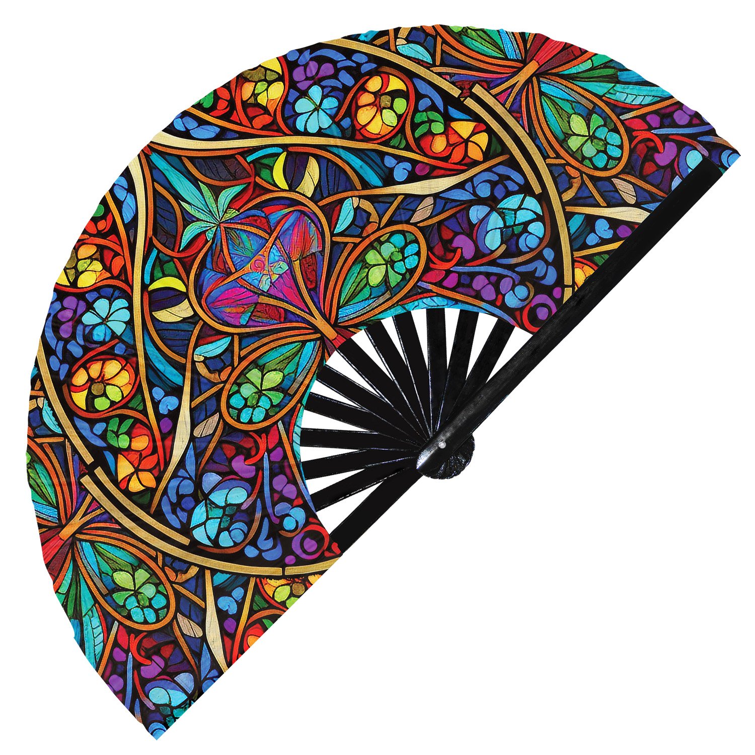 Colorful Rainbow Floral Stained Glass - Clack Folding Rave & Festival Hand Fan - Image 9