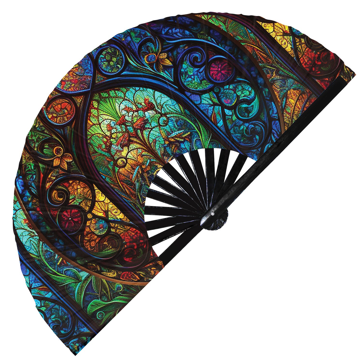 Colorful Rainbow Floral Stained Glass - Clack Folding Rave & Festival Hand Fan - Image 10