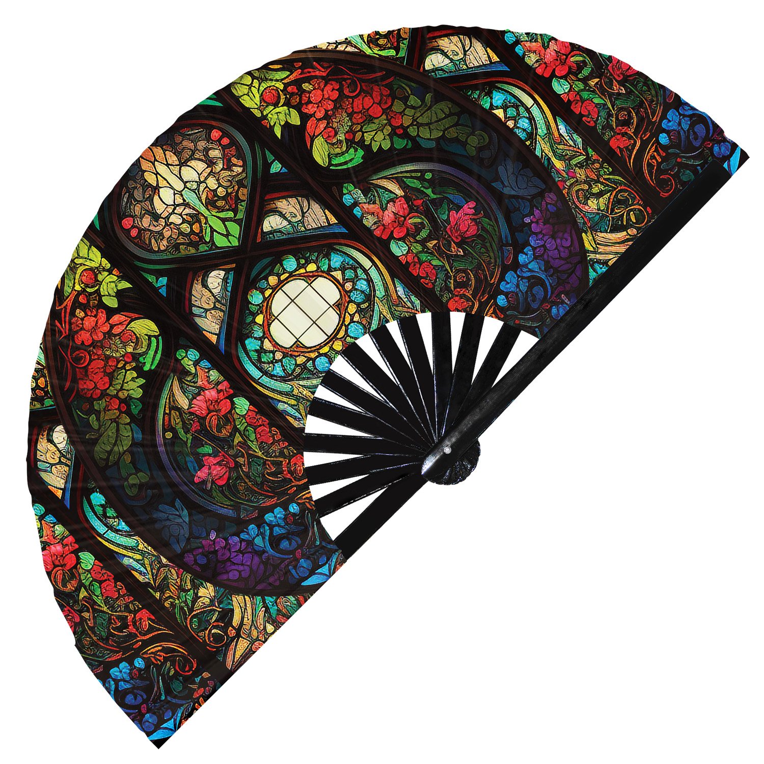 Colorful Rainbow Floral Stained Glass - Clack Folding Rave & Festival Hand Fan - Image 11