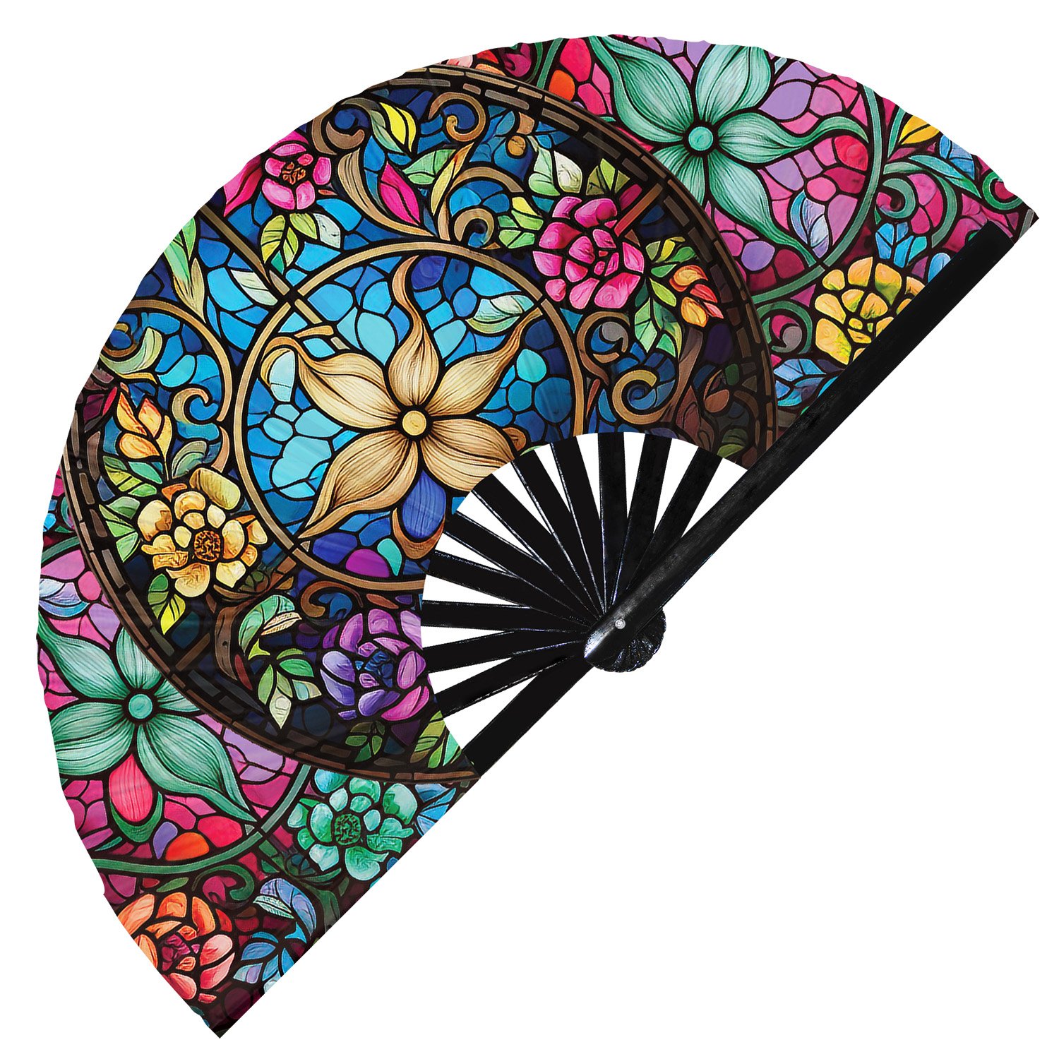 Colorful Rainbow Floral Stained Glass - Clack Folding Rave & Festival Hand Fan - Image 3
