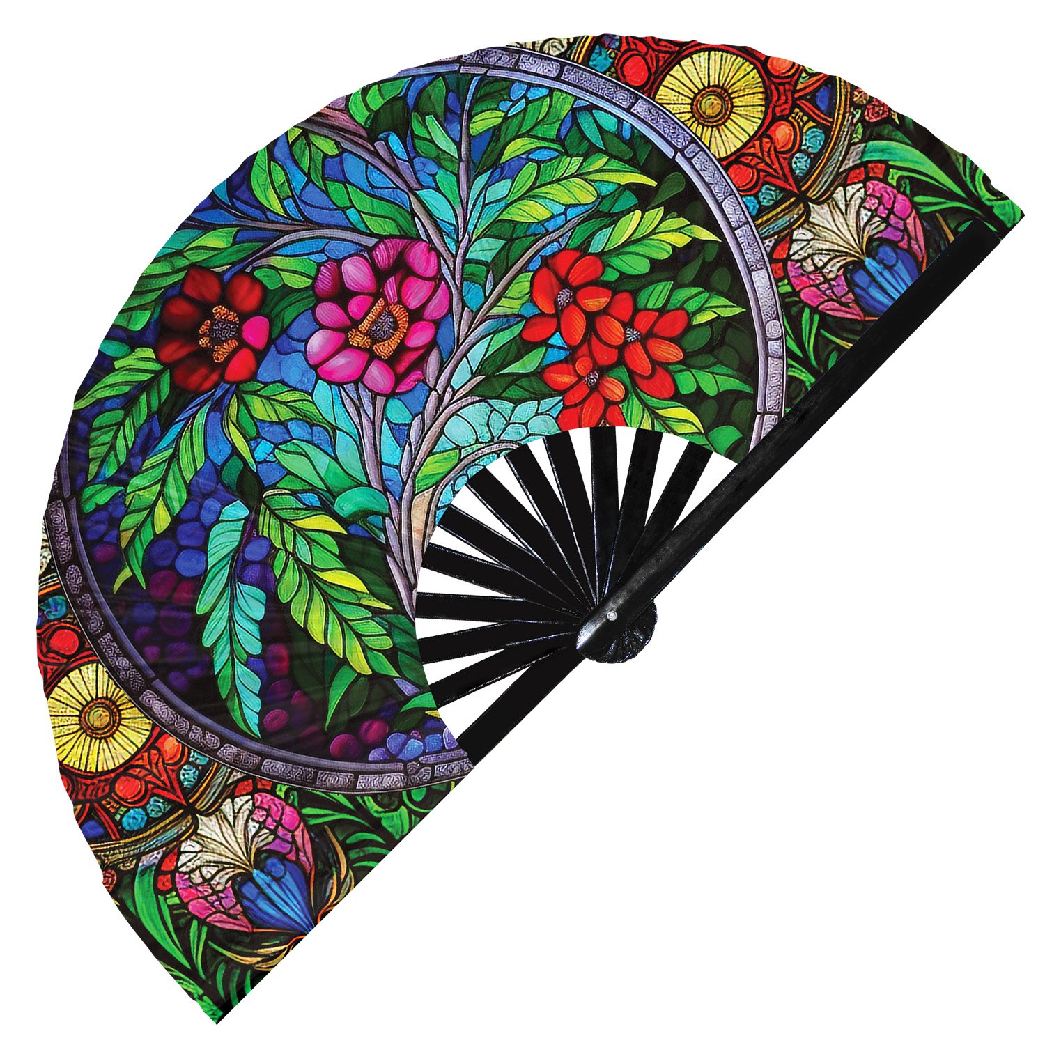 Colorful Rainbow Floral Stained Glass - Clack Folding Rave & Festival Hand Fan - Image 4