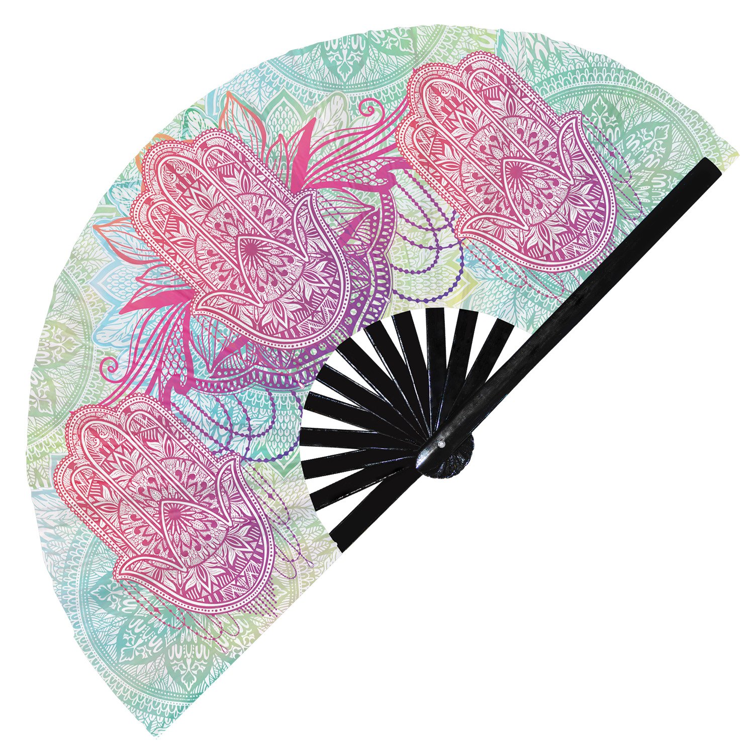 Zen Lotus Flower Rainbow Meditation - Clack Folding Rave & Festival Hand Fan - Image 4